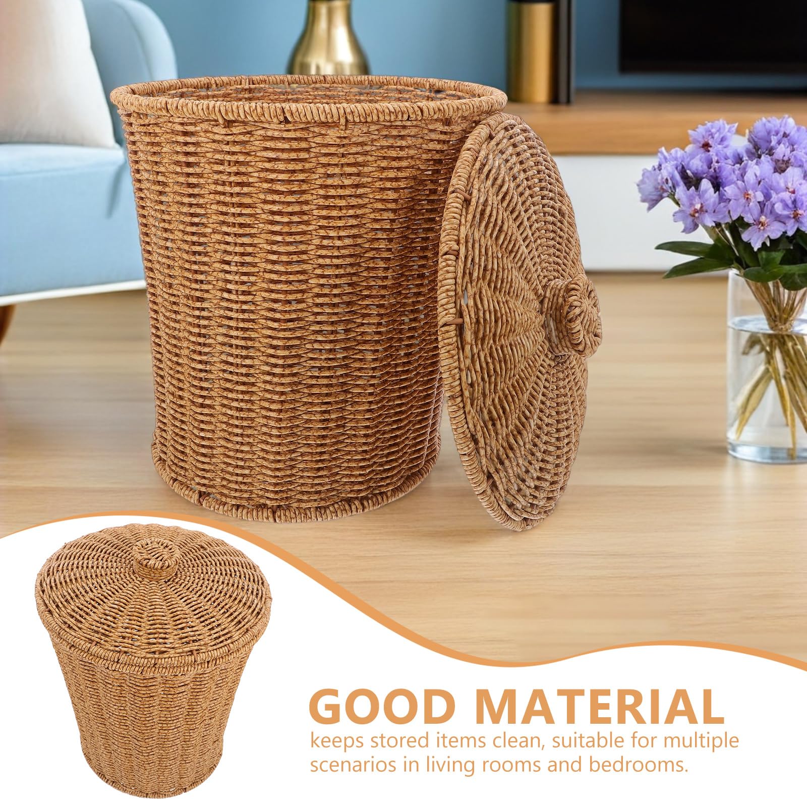 IMIKEYA Panier de Rangement Rond avec Couvercle Rotin Synthétique Tressé Main pour Linge et Jouets