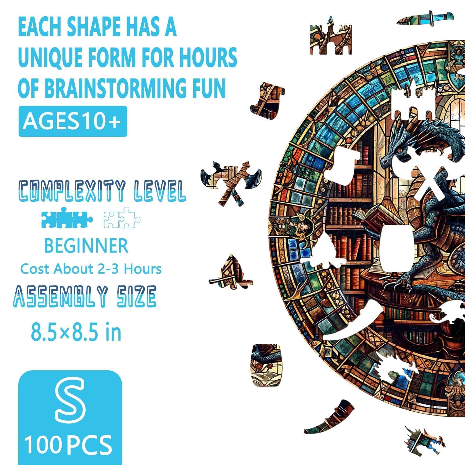 Wooden Puzzles for Adults - Dragon's Library Wooden Jigsaw Puzzle for Adults, Unique Shape Wood Puzzles Adult, Gifts for Friends and Family, Home Decor (S-8.5 * 8.5in-100 Pieces)
