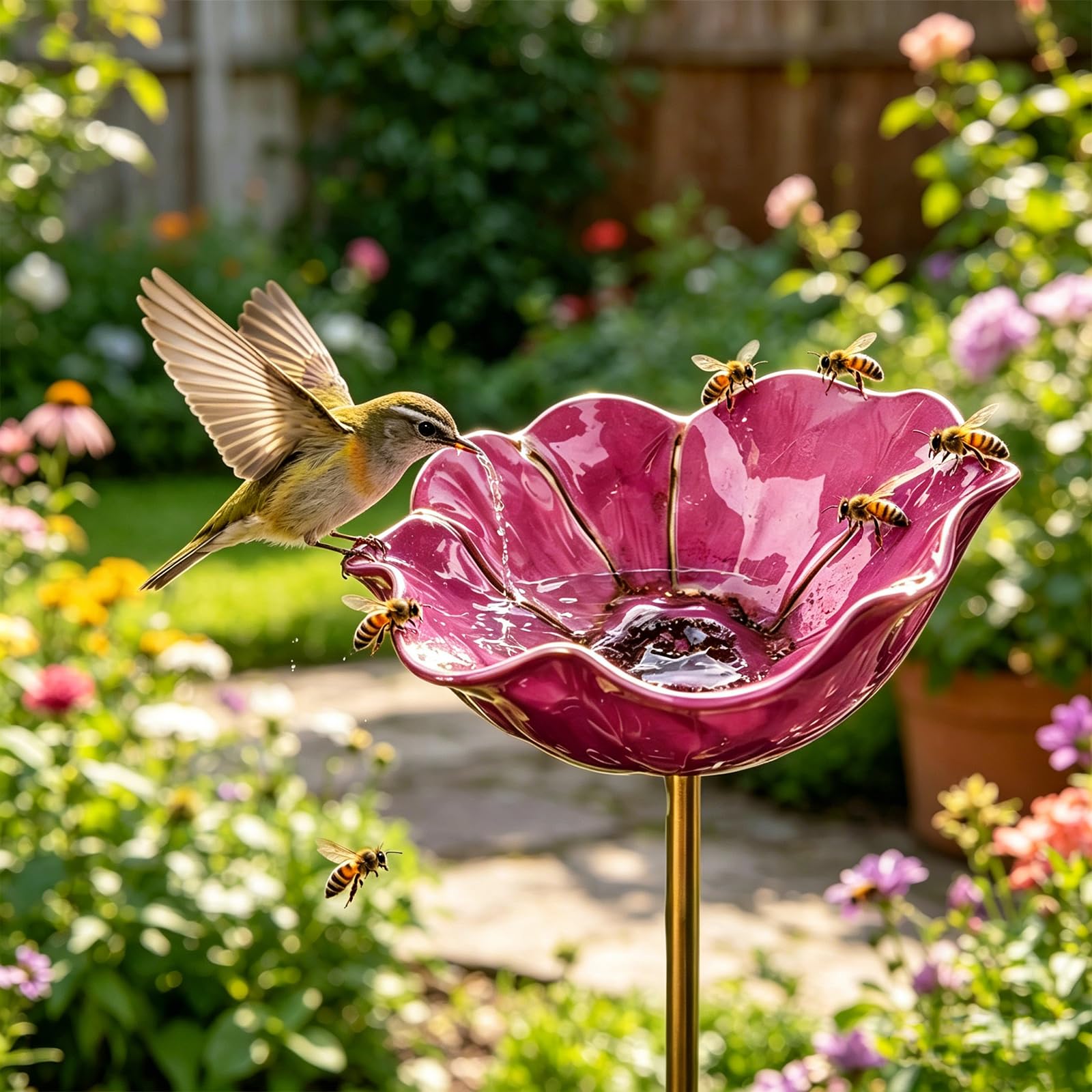 Handmade Metal Flower Garden Stake Bird Bath, Butterfly Bee Water Feeder with Flower Design, Decorative Garden Flowers Bird Bath for Yard, Lawn & Patio Decor (Pink)