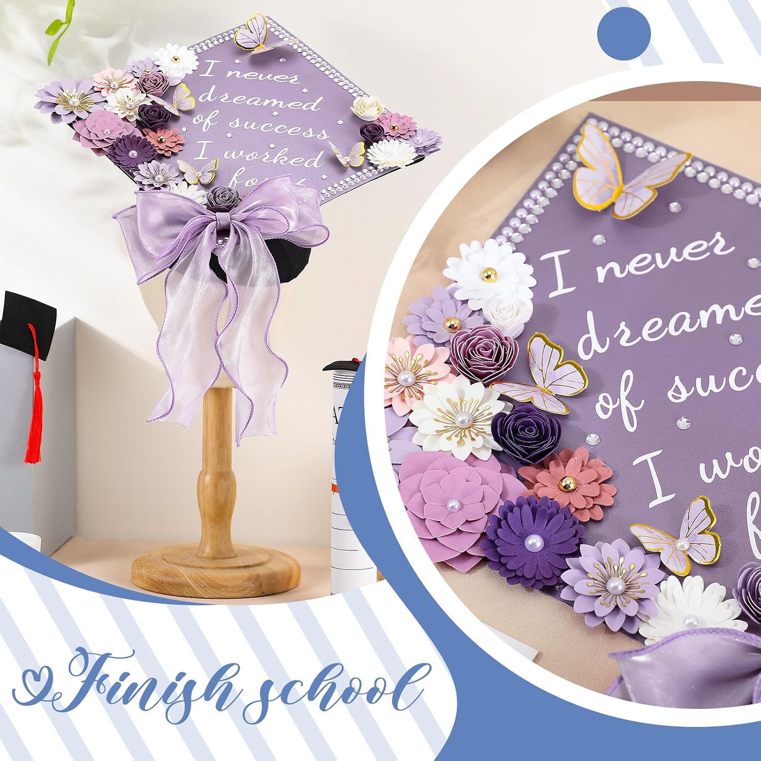 MotiMind 46 Pcs DIY Graduation Cap Decorations Kit Included Paper Flowers, 3D Butterfly Stickers, Rhinestone, Letter, Pearl Stickers, Mesh Ribbon Bow for DIY Grad Cap Decor(Purple)