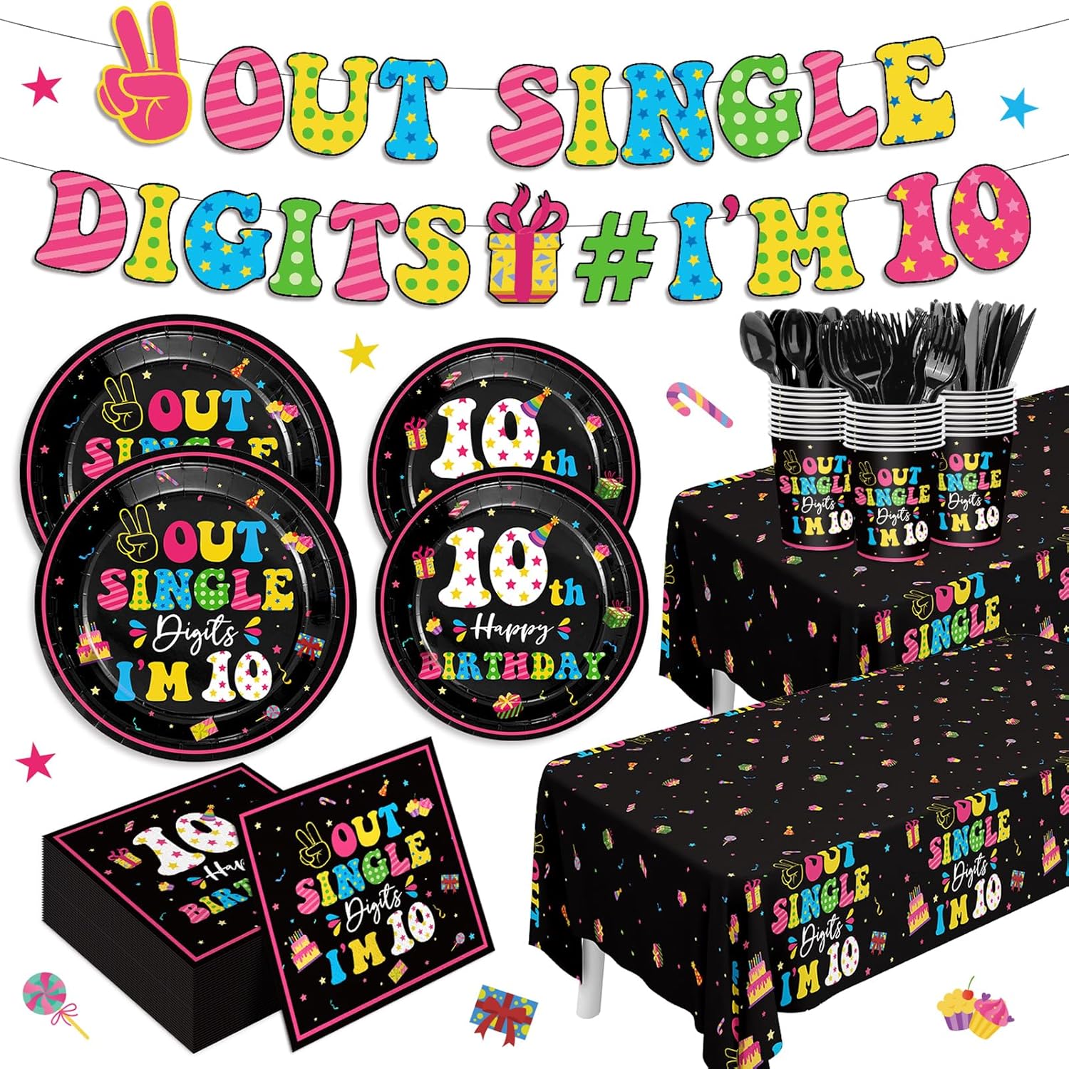 171pcs 10th Birthday Party Supplies Out Single Digits I'm 10 Plates Napkins Tableware Set Disposable Paper Cups Tablecloth Banner for Girl's 10th Birthday Party Decorations Serve 24 Guests