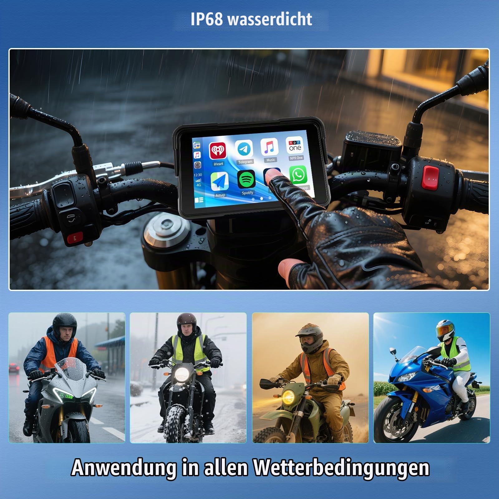 CAMECHO Motorrad IP68 Wireless Carplay & Android Auto für Motorcycle, 5 Zoll Wasserdichter HD Touchscreen für Motorräder mit Navigation/Bluetooth/Druckdetektion