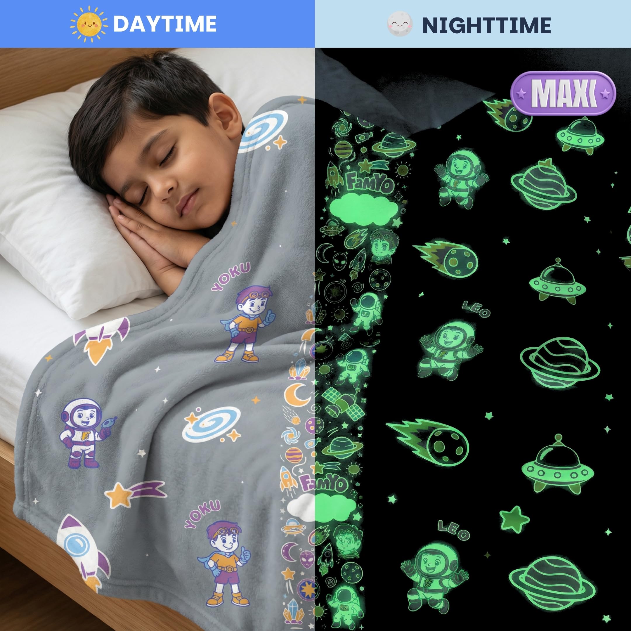 Famyo® GlowMaxx Kids Blanket | Soft Flannel Glow in Dark Blanket – Leo the Astro | AC Blanket for Kids | Summer Blanket 200×152 cm | | Double Bed | 0–15 Yrs | Lab-Tested Safe (Grey) 4