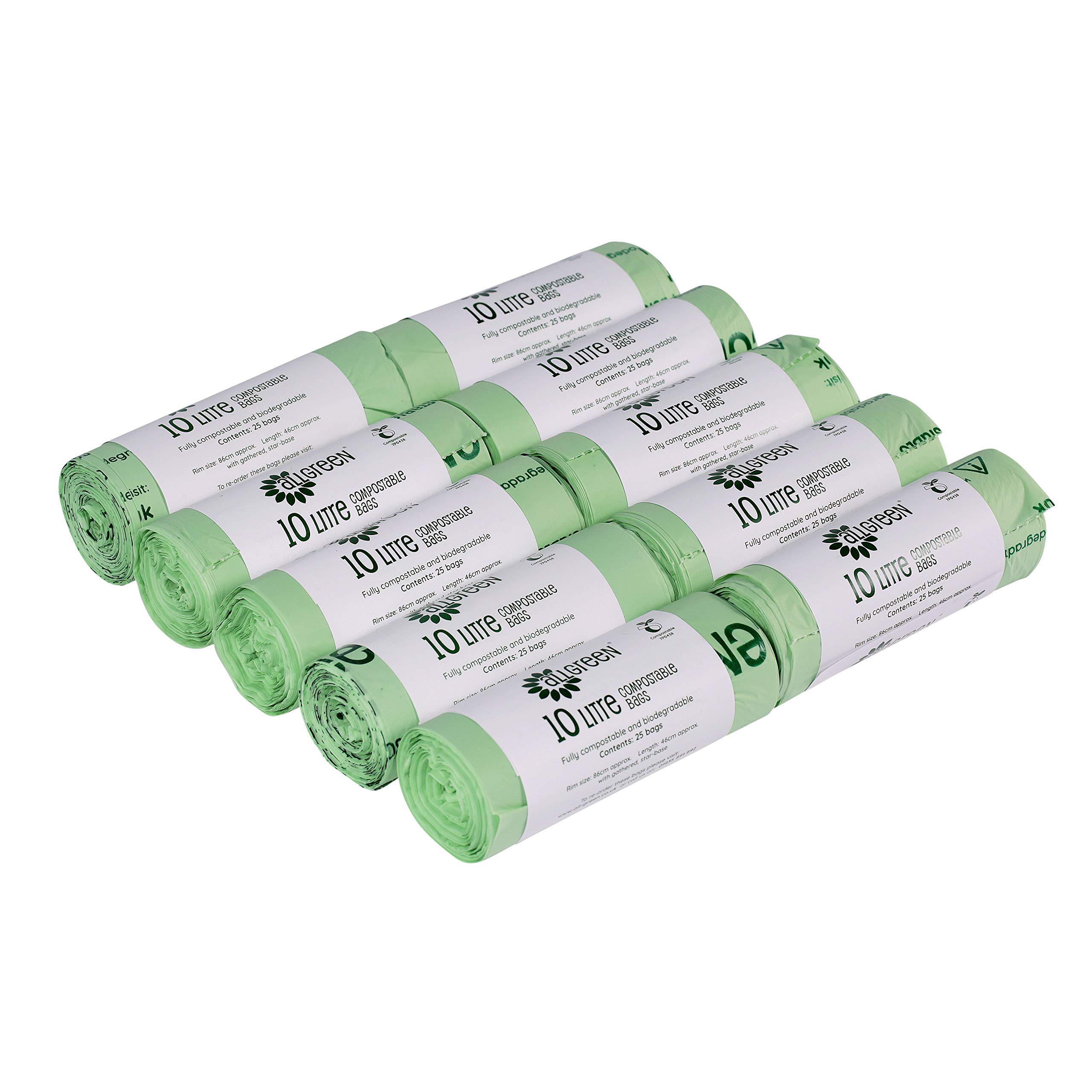 All-Green Green 10 Litre X 250 Compost Bag Compostable Bags - Kitchen Food Waste Caddy Liners - En 13432-10L Bin Bags With Composting Guide