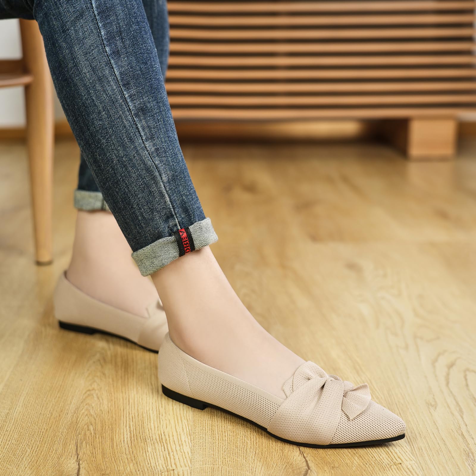 Flats for Womens Pointed Toe Ballet Flats with Bow Comfortable Knit Dressy Flats