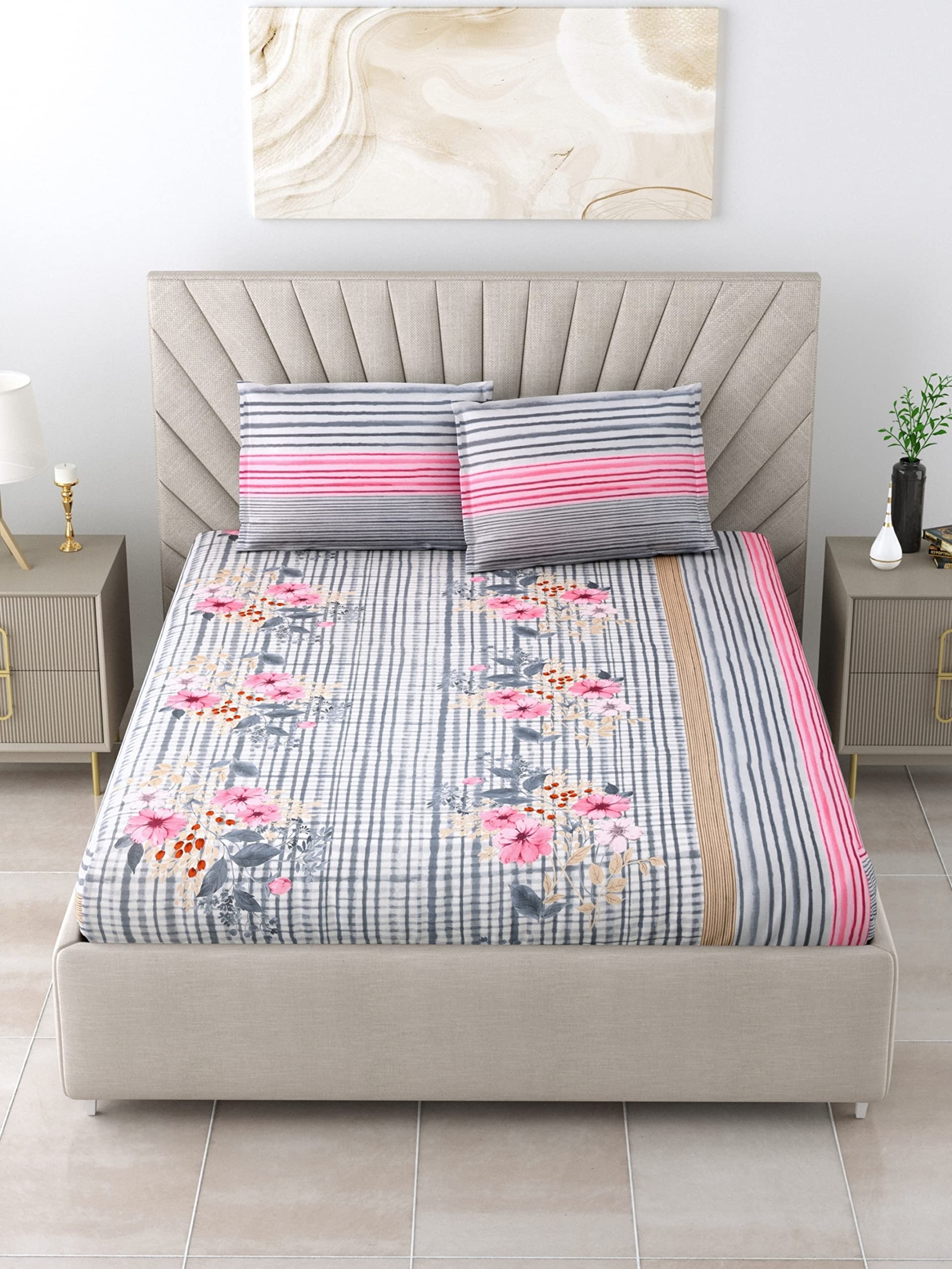 Salona Bichona 100% Cotton Floral Printed Pink 144 TC Printed Double Bedsheet Set