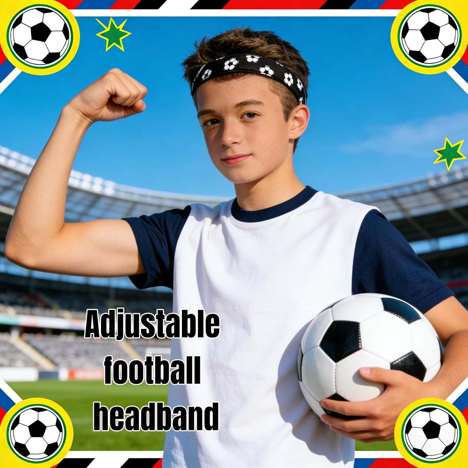 Soccer Headbands 5-Pack, Elastic Sports Sweatbands with Football Print Pattern, Wide Breathable Athletic Head Wraps for Men and Women, Red Black Blue White Colors