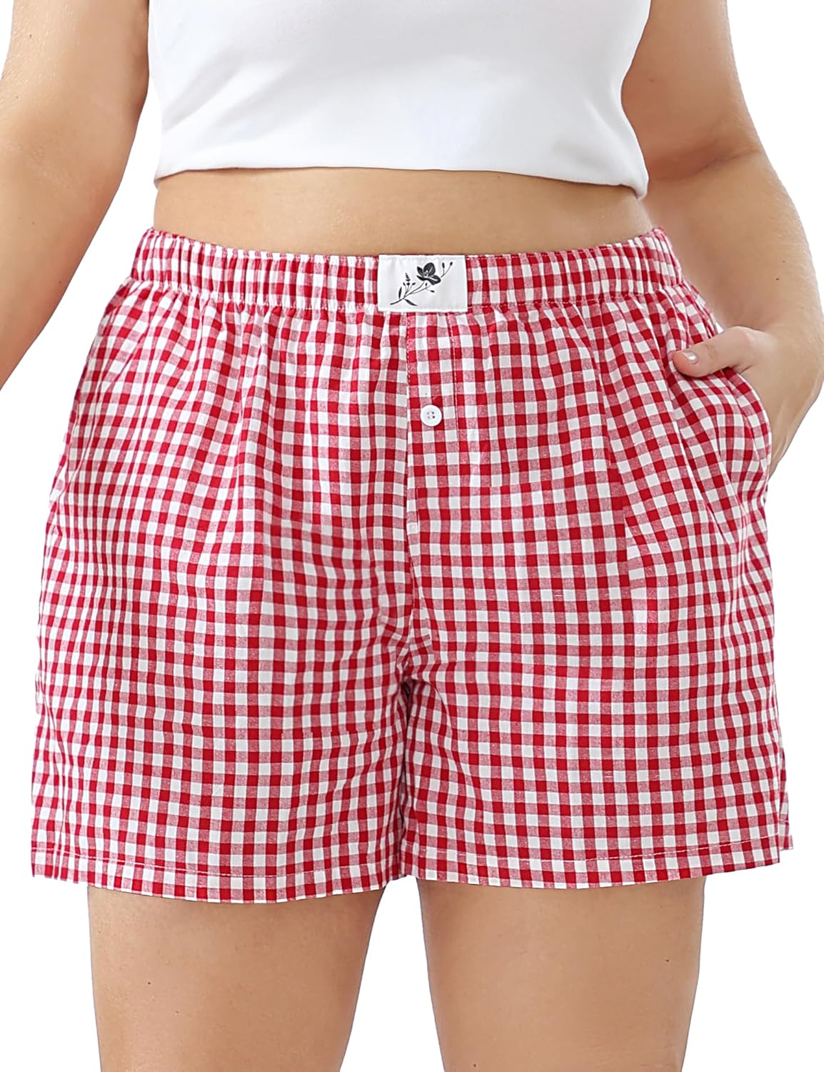 FOREYOND Plus Size Boxer Shorts for Women Gingham Lounge Sleep Plaid Shorts Y2K Beach Bottoms 1XL-5XL