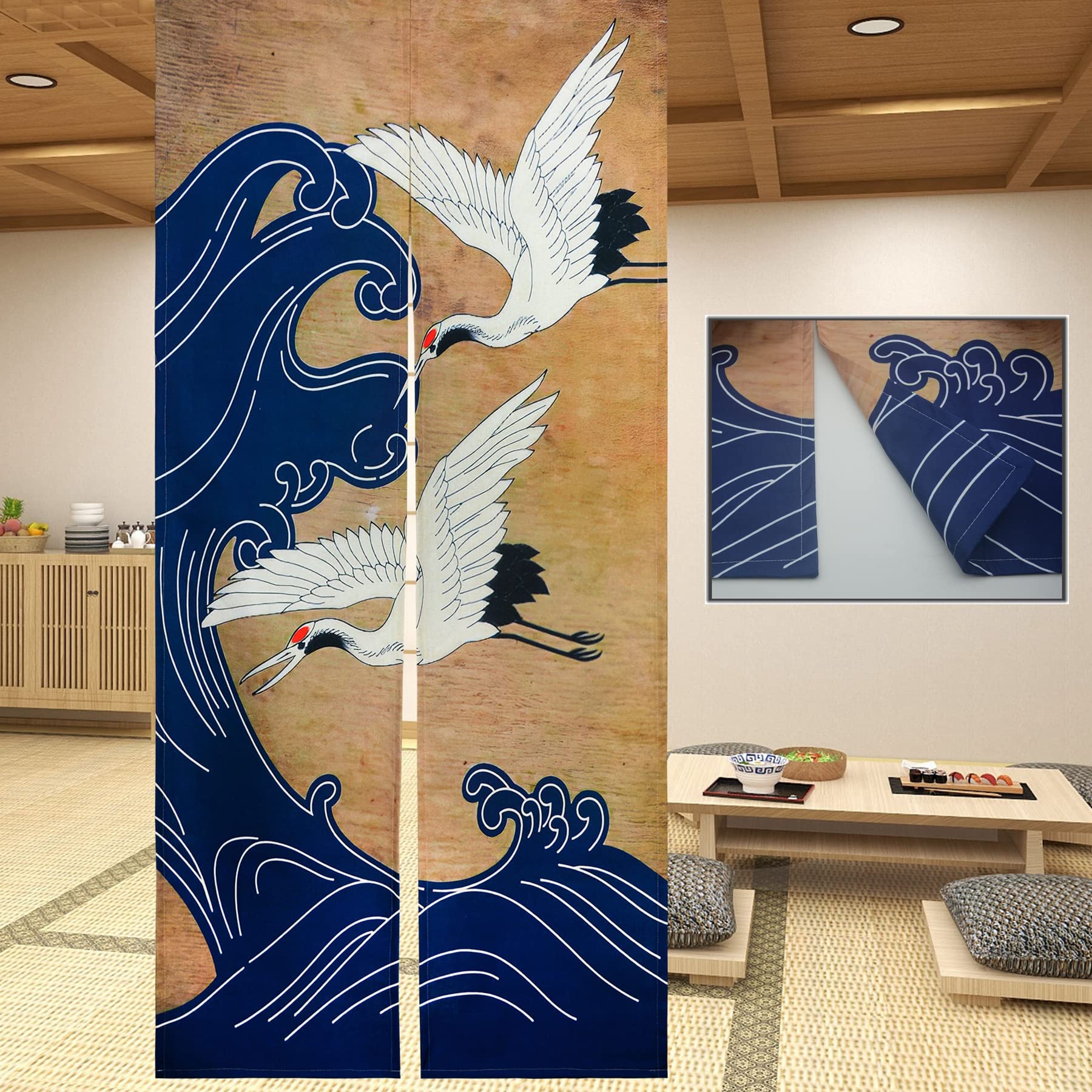 LIGICKY Japanischer Stil Dick Noren Lang Vorhang, Doppelseitig Druck Türvorhang Raumteiler Tapisserie für die Heimtextilien 85 x 180 cm, Gekrönten Kran und Welle