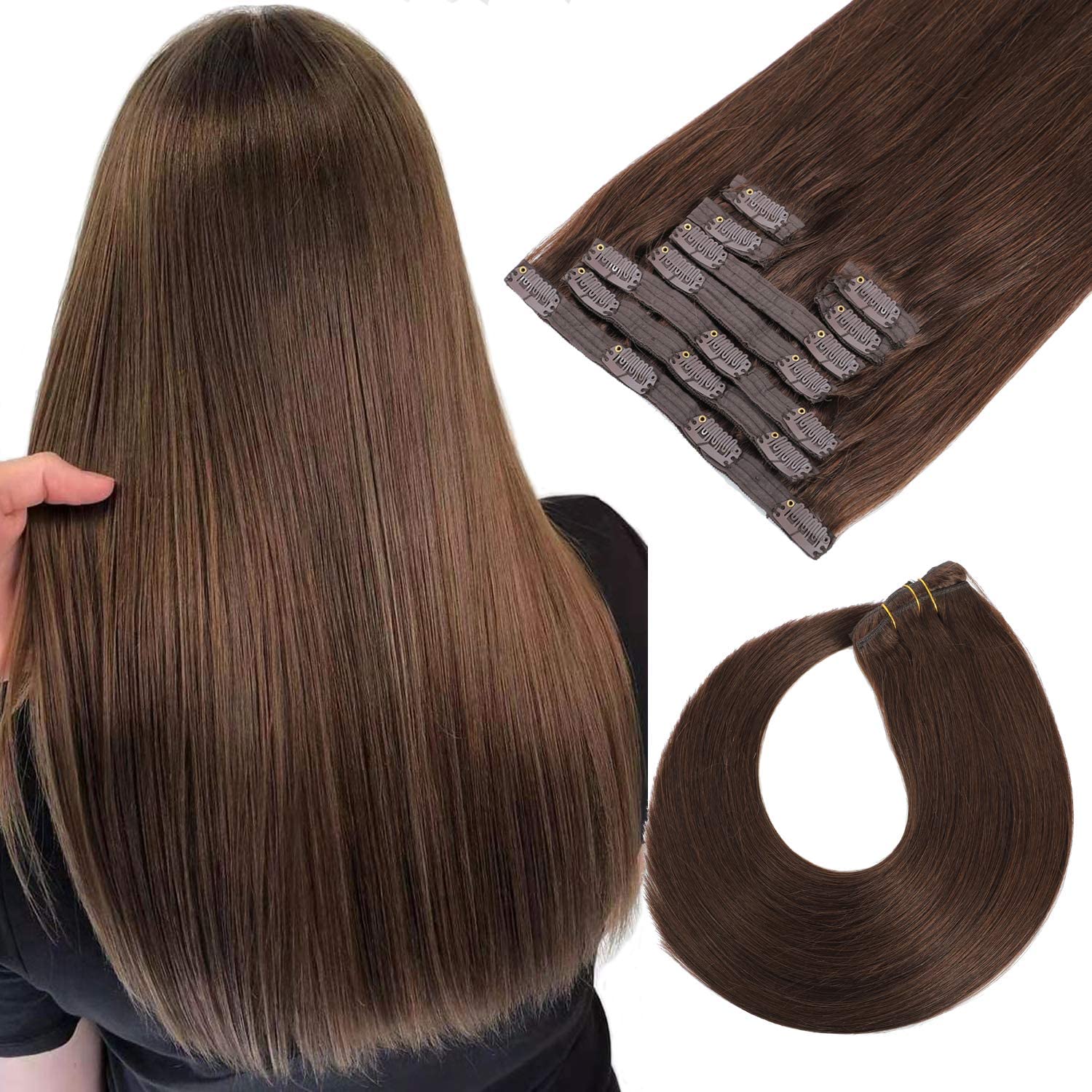 Clip in Human Hair Extensions 14 Inch 120g 9pcs Chocolate Brown Real Hair Extensions Clip in Human Hair Remy Clip in Hair Extensions Double Weft