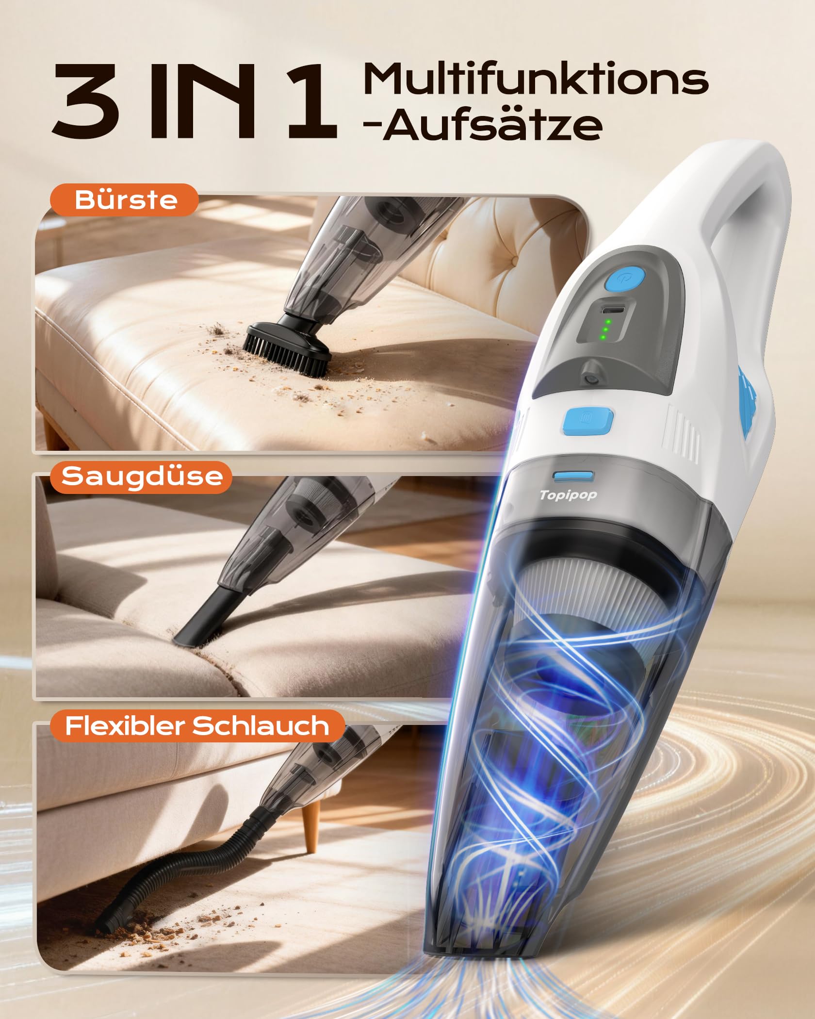 Topipop Handstaubsauger, 25000Pa Handstaubsauger Akku mit Ladestation, waschbarem HEPA Filter & 45 Min. Nutzungsdauer, inkl. LED Licht, Handsauger mit 3 Köpfe für Küche, Büro, Auto, Tierhaare (Weiß)