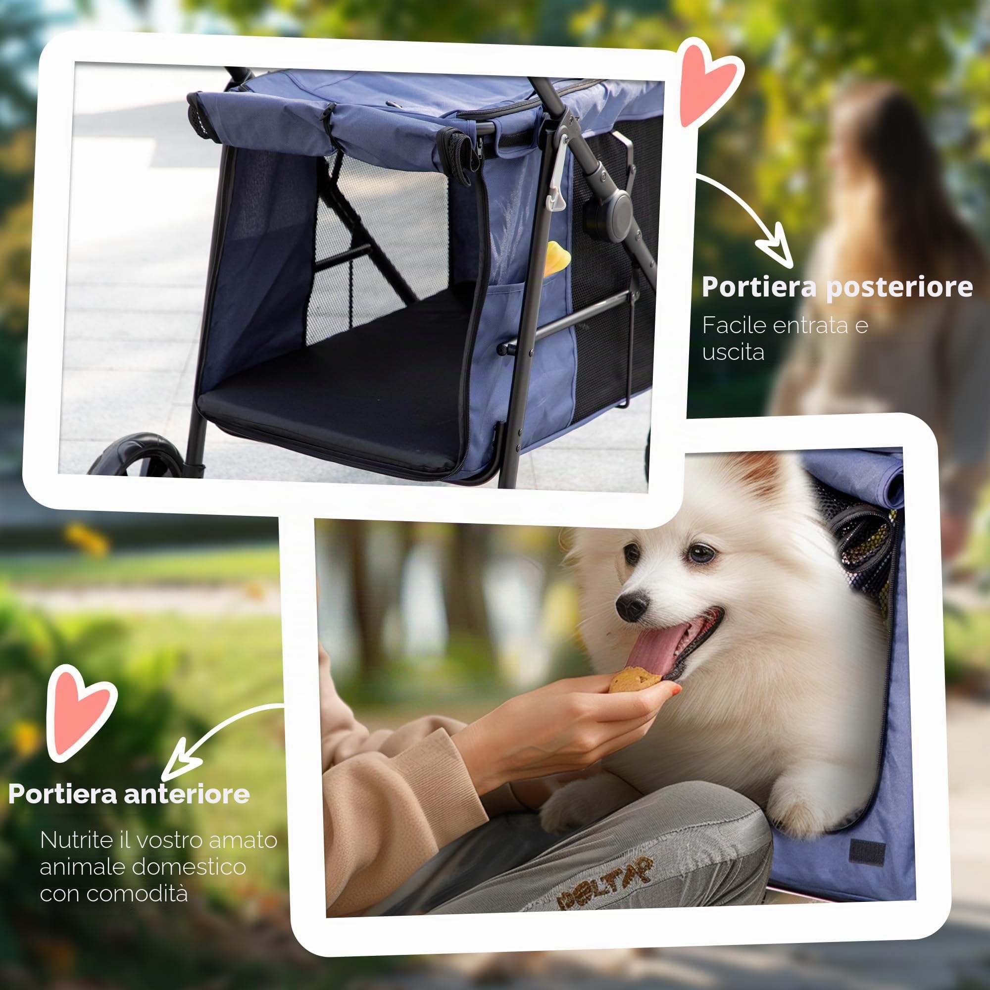 PawHut Passeggino 4 ruote per animali per razze medie blu scuro | Passeggino cane, porta scorrevole, cuscino, guinzagli di sicurezza