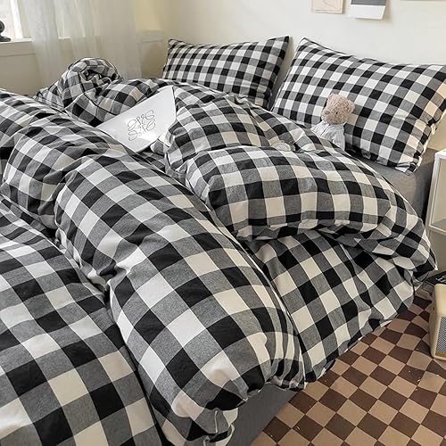 Miniatura 4 de DONEUS Juego de funda de edredón a cuadros 100% algodón lavado como lino súper suave y cómodo, juego de ropa de cama de 3 piezas a cuadros negros y