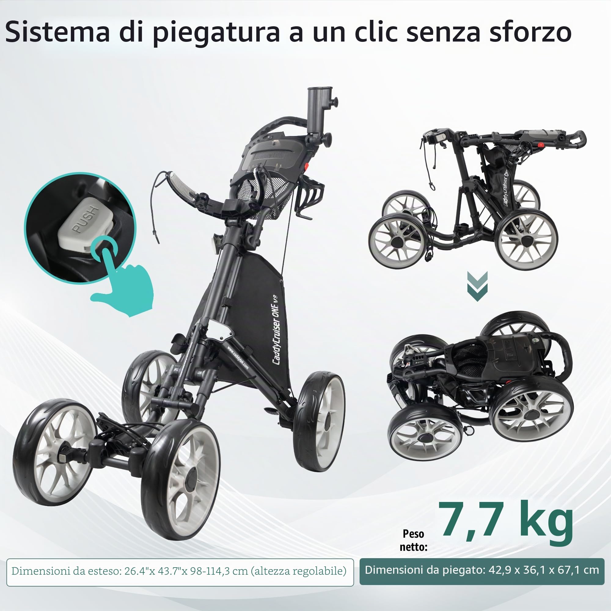 Caddytek 4 Wheel Golf Push Cart - Caddycruiser One Version 8 1-Click Folding Trolley - Lightweight, Compact Pull Caddy Cart, Easy to Open