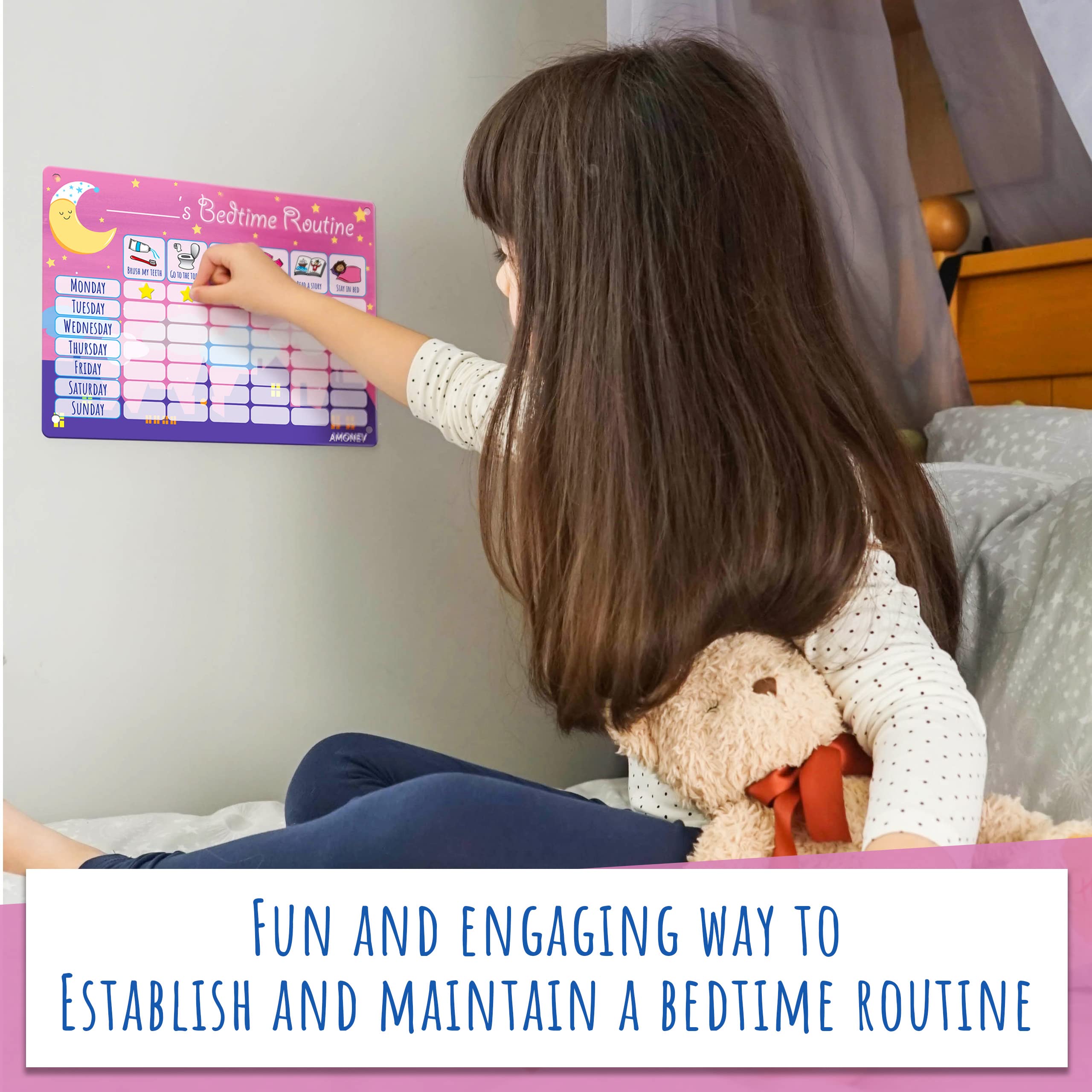 Amonev Children's Magnetic Bedtime Routine Reward Chart. Magnetic Sticker Chart. Reusable Wall Chart (Pink) - Image 4