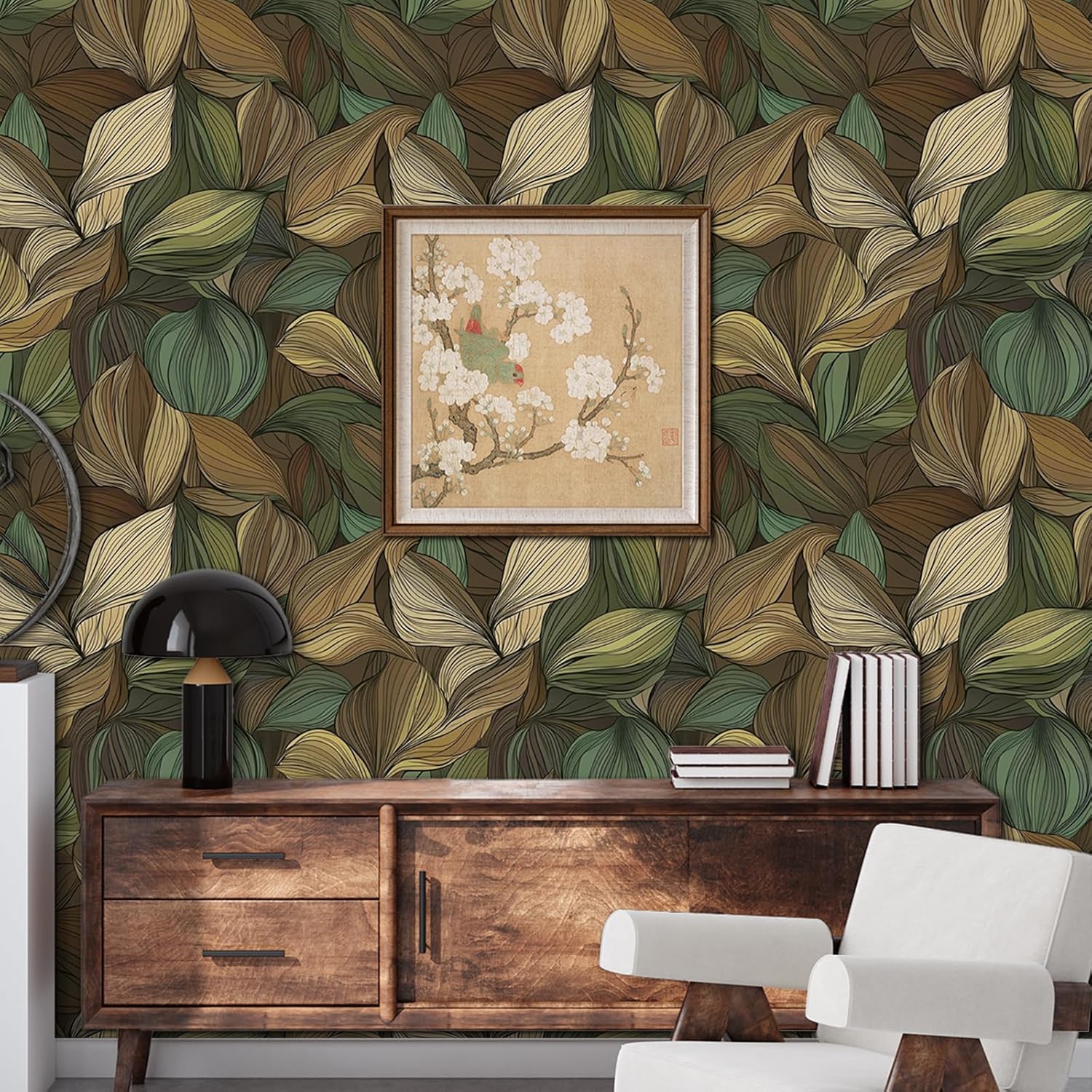 Botanical Leaf Wallpaper Peel and Stick Self Adhesive Boho Tropical Beige Green Vintage Vivid Thick Leaves Contact Paper Removable Waterproof for Bedroom Renter Friendly 17.71"x118.1"