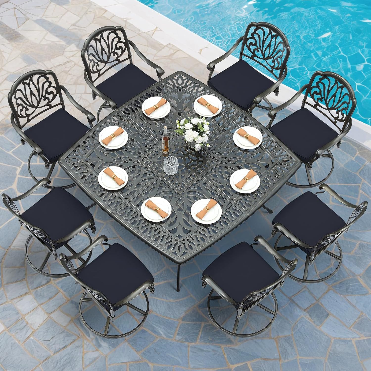 MEETWARM 9-Piece Outdoor Patio Dining Set for 8, All Weather Cast Aluminum Patio Funiture Table and Chairs Set- Large 64" Square Table and 8 Cushioned Swivel Rocker Chairs, Umbrella Hole, Navy Blue