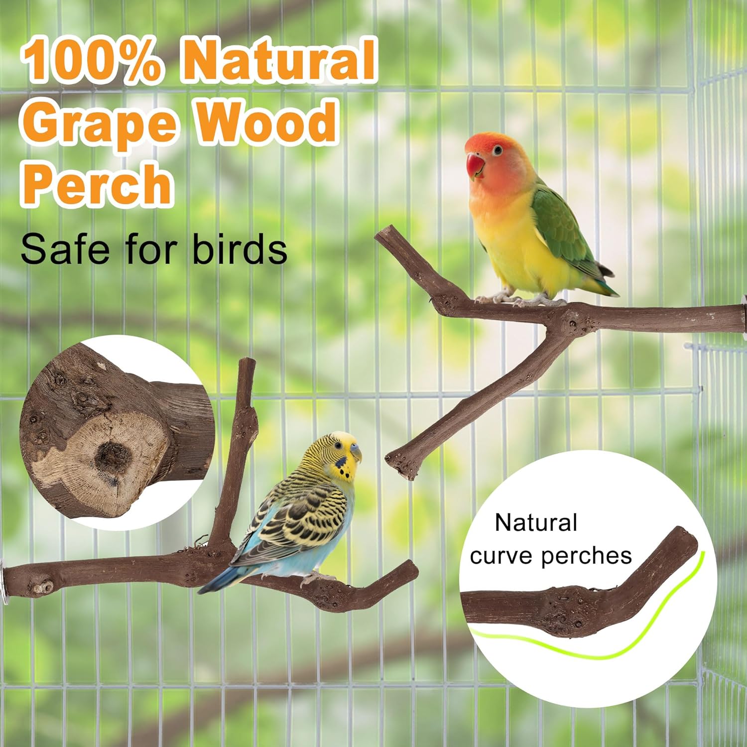 7pcs Set Natural Wood Bird Perches for Cage Wooden Bird Cage Accessories Including Curved Grape Stands Chewing Sticks Platforms Birds Swing Toy for Parakeets Cockatiels Small & Medium Birds