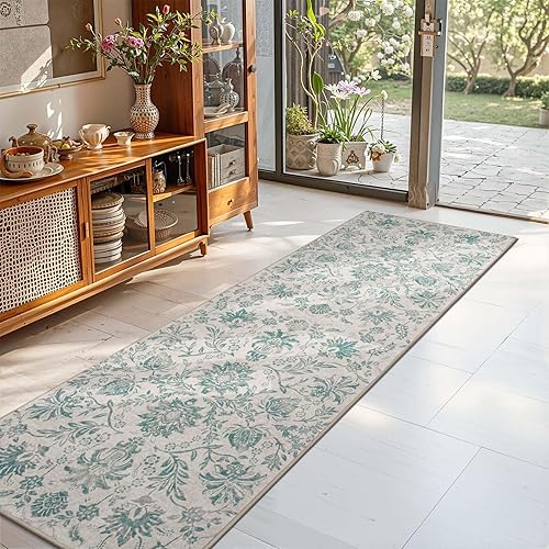 Miniatura 44 de jinchan Tapete de pasillo o cocina lavable, de época, reverso de hule antideslizante, ultradelgado, floral, para dormitorio, baño, lavandería y sala