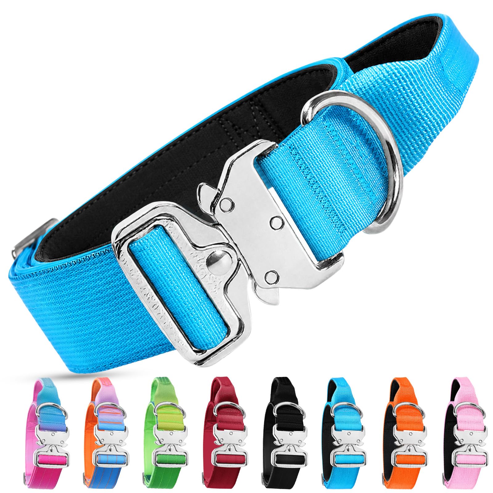 Tactical Military Dog Collar for Medium Large Dogs, Wide Thick Heavy Duty Adjustable Dog Collar with Control Handle and Quick Release Metal Buckle, Soft Comfortable Pet Collar for Training (Blue, XL)