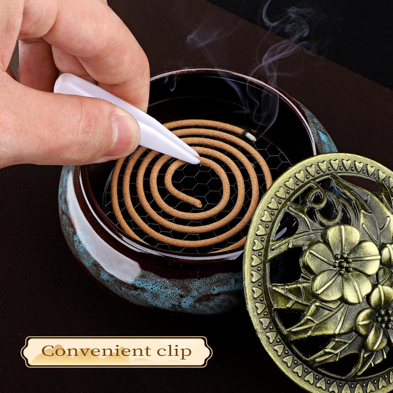 Ceramic Incense Burner Holder Set – 9 Hole Incense Stick Holder with Coil Incense Holder & Burner Tray – Multi-Function Censer for Cones, Coil Incense, and Stick Incense (Fambe Blue)