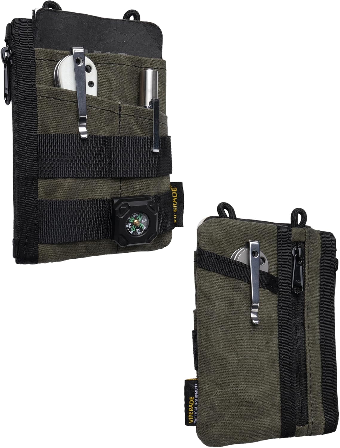 VIPERADE VE18N-OW Waxed Canvas Zipper Wallet, Slim Pocket Pouch, 3 Slots and 2 Zipper Pockets - Minimalist EDC Wallet (OD Green)