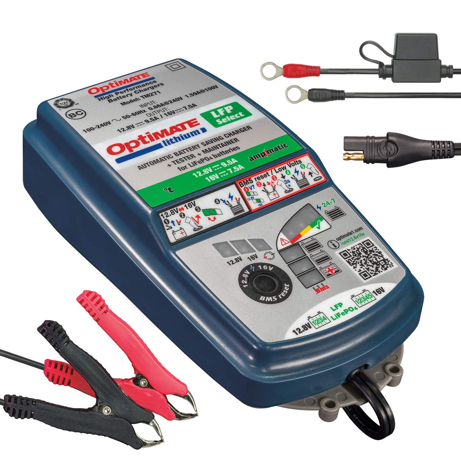 OptiMate Lithium LFP Select Caricabatterie 12.8V / 16V 9,5A – Caricatore Intelligente a 10 Fasi per batterie LiFePO4 con Reset BMS e Test Batteria – per Moto, Auto e powersport (18 × 10 × 6 cm)
