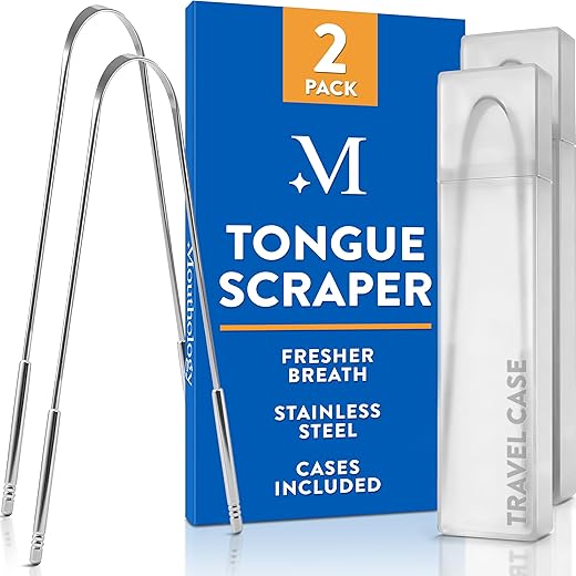 BASIC CONCEPTS Tongue Scraper for Adults (2 Pack), Reduce Bad Breath (Travel Cases Included), Stainless Steel Tongue Cleaners, Metal Tongue Scraper, Tounge Scraper - Fresher Breath in Seconds