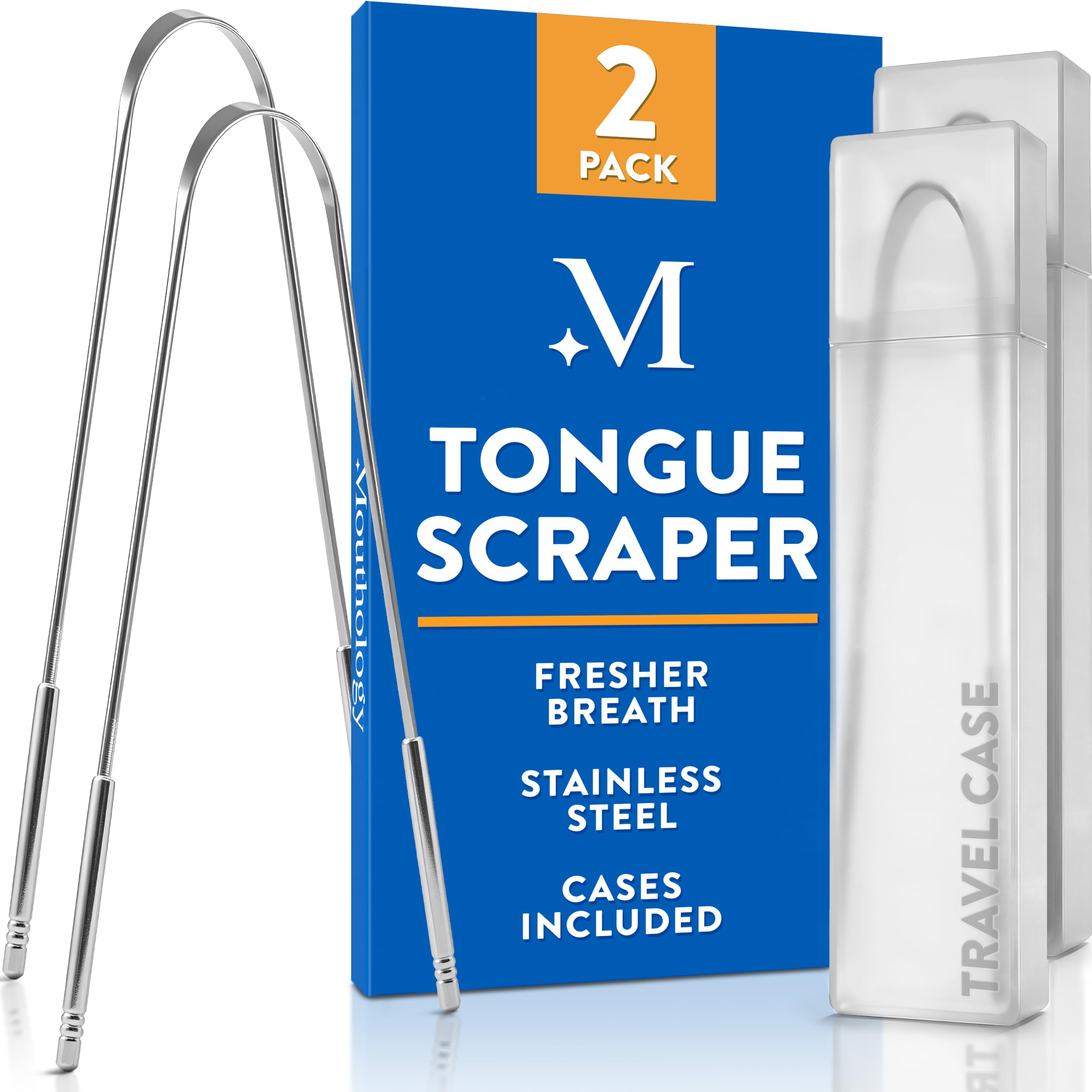 BASIC CONCEPTS Tongue Scraper (2 Pack), Reduce Bad Breath (Travel Cases Included), Stainless Steel Tongue Cleaners, Metal Tongue Scraper, Tongue Scraper for Adults - Fresher Breath in Seconds