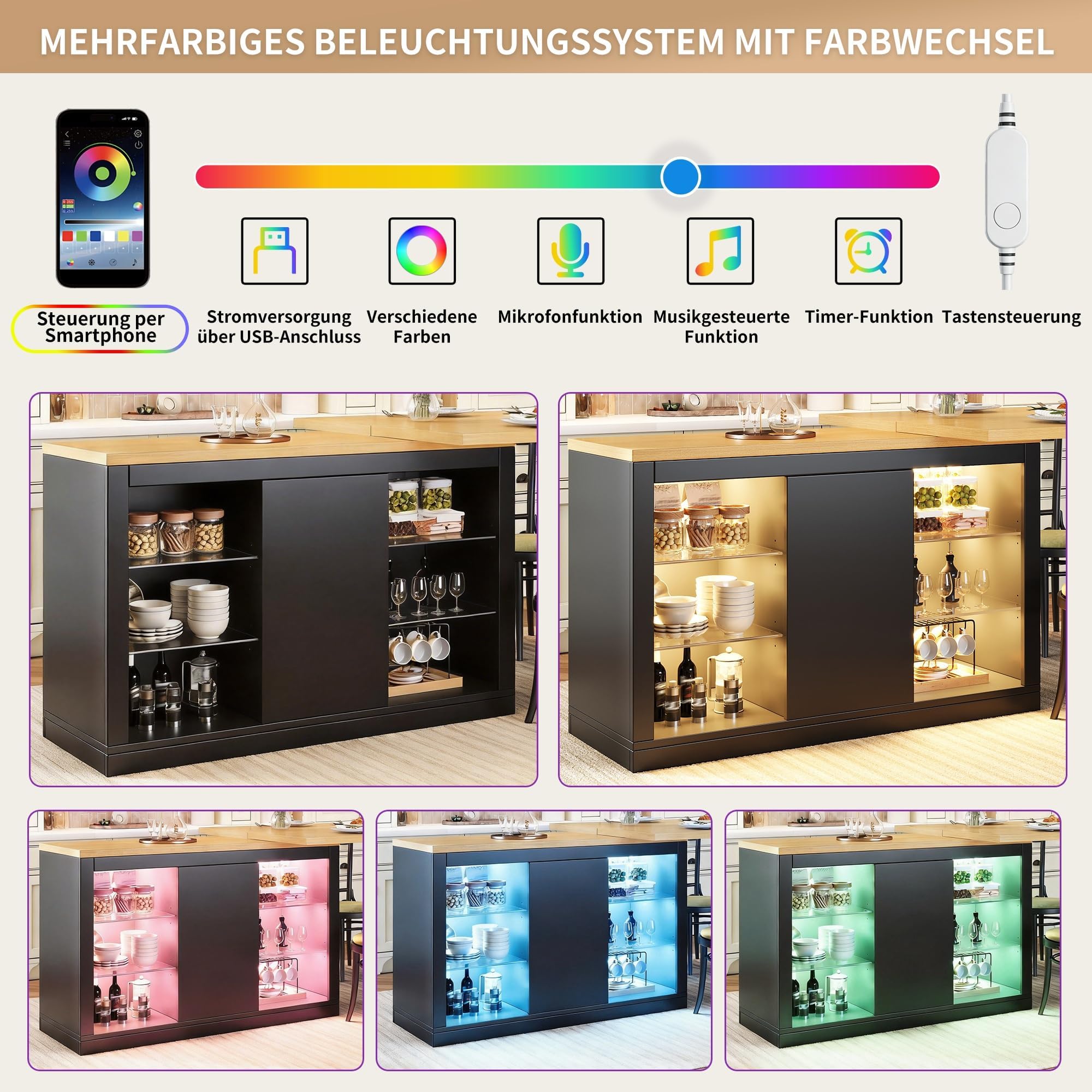 Ausziehbarer Kücheninsel-Esstisch mit App-steuerbarer LED, 120-197cm, 360° drehbar, mit magnetischen Türen & Glas-Einlegeböden, Schwarz, belastbar bis 60kg
