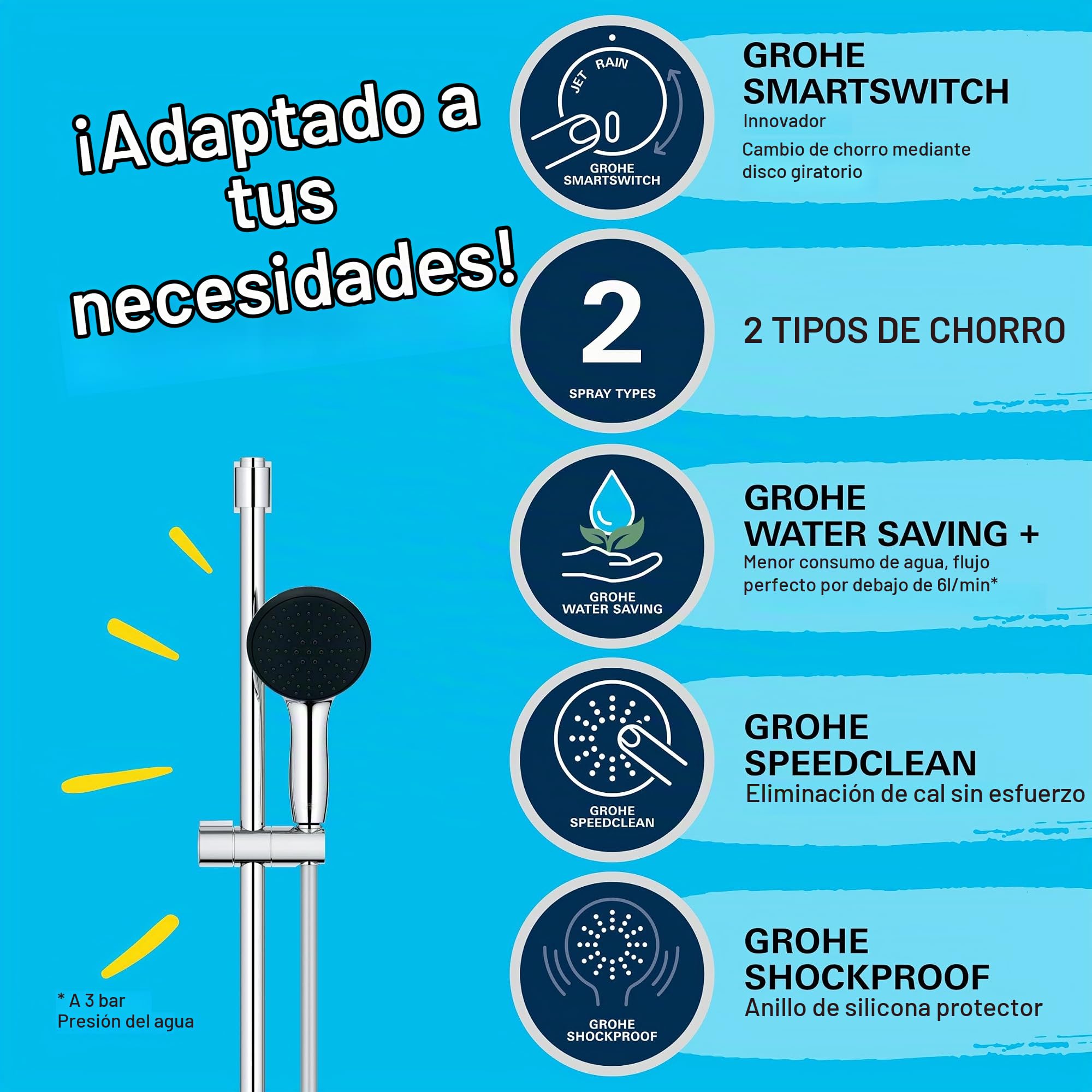 GROHE Vitalio Start 110 Conjunto de barra de ducha (ahorro de agua, 2 tipos de chorro, barra de ducha 600 mm, flexo de ducha 1750 mm), Cromo 2794810E