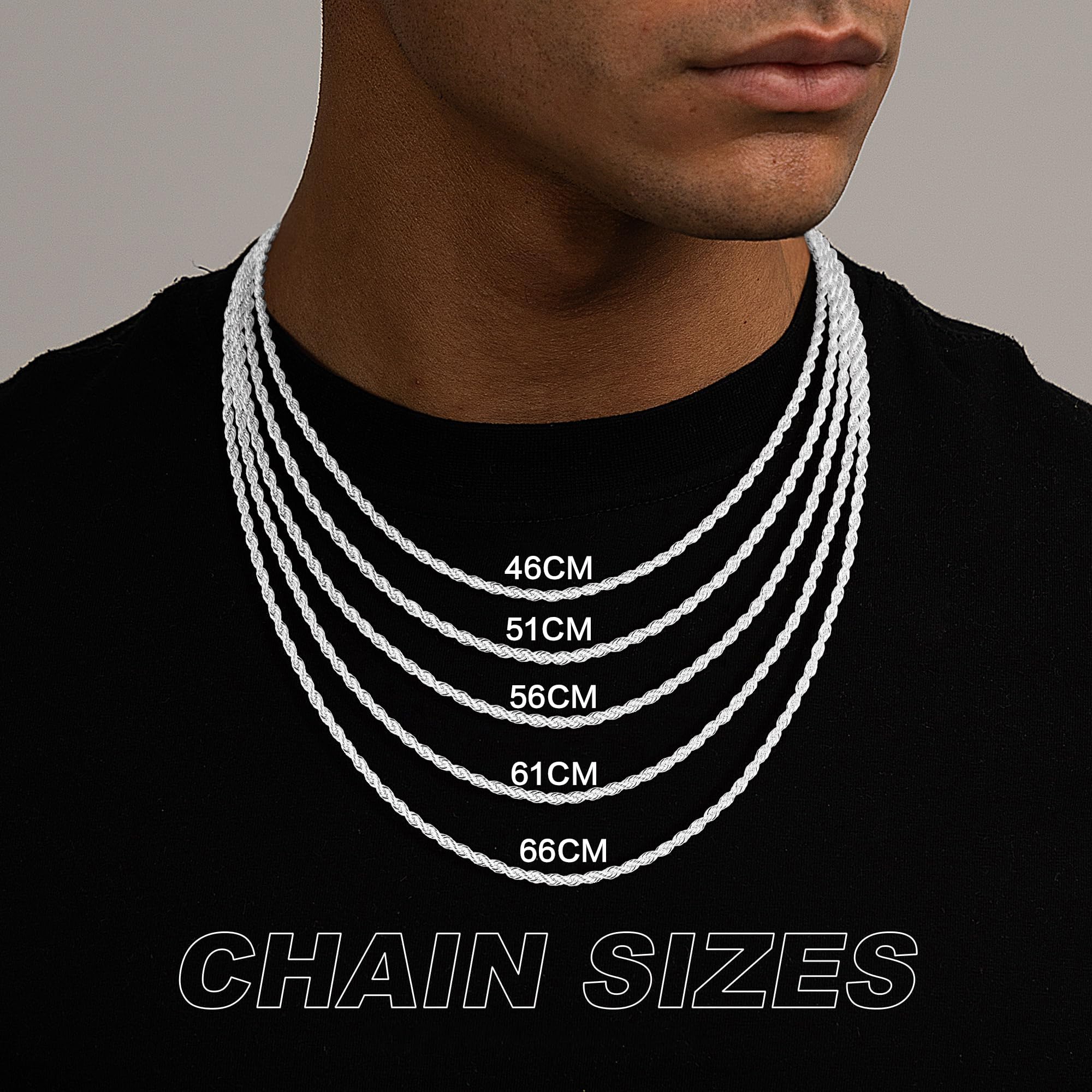 S925 Sterling Silber Over Kette Heren, 3/4mm Breit Rope Chain Halskette Wasserfest Kette for Herren Schmuck Geschenke für Männer Verschiedliche Längen 46/51/56/61/66CM