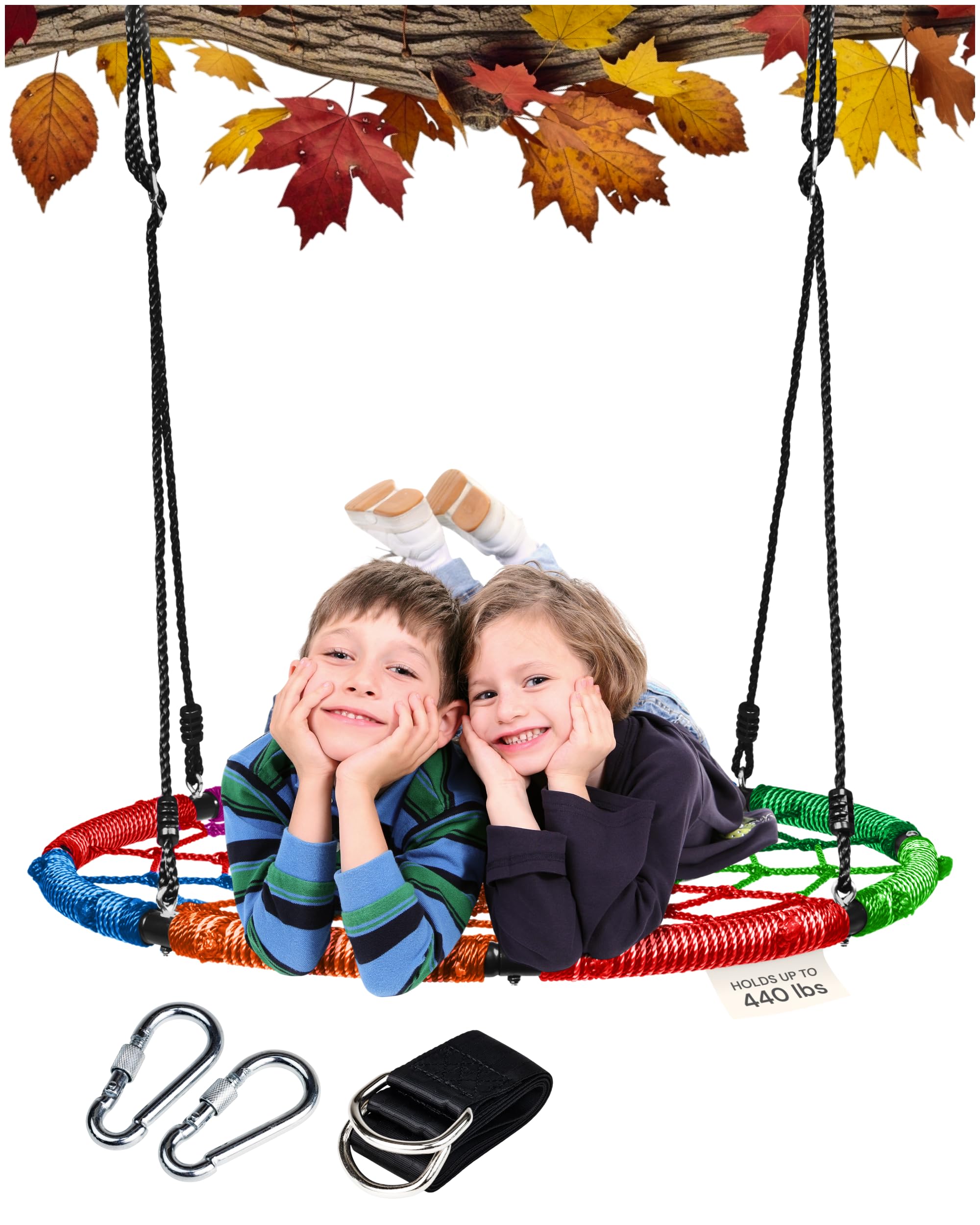 PLAYVIBE Spider Web Tree Swing - 40 in Multicolor Saucer Swing - 440 lb Capacity with Hanging Straps & Carabiners - Weather-Resistant Outdoor Play for Kids & Toddlers - Fits Trees, Playsets & Gyms