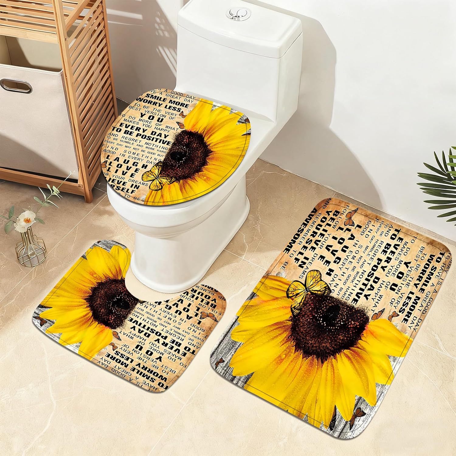 AZHM 4pcs Shower Curtain Sets with Rugs Sunflower Bathroom Set Decor Inspirational Quotes Bathroom Curtains Shower Set with Rugs and Accessories