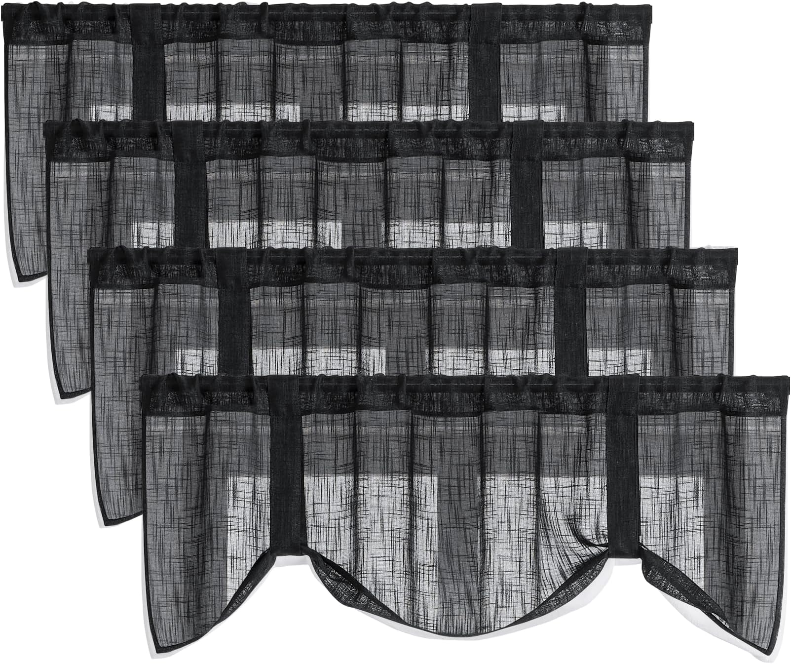 Home Queen Linen Look Tie Up Valance Curtain, Burlap Valences for Home Decoration, Length Adjustable Sheer Drape for Office and Bedroom, 4 Pieces, Black