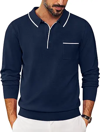 COOFANDY Men's Knit Polo Long Sleeve Collared Sweater Polo with Pocket