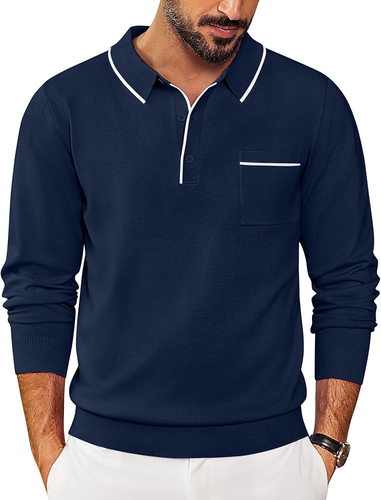 トップス BOUTIQUE LONG SLEEVE KNIT POLO SHIRT COOFANDY Men's Knit Polo Long Sleeve Casual Retro Contrast