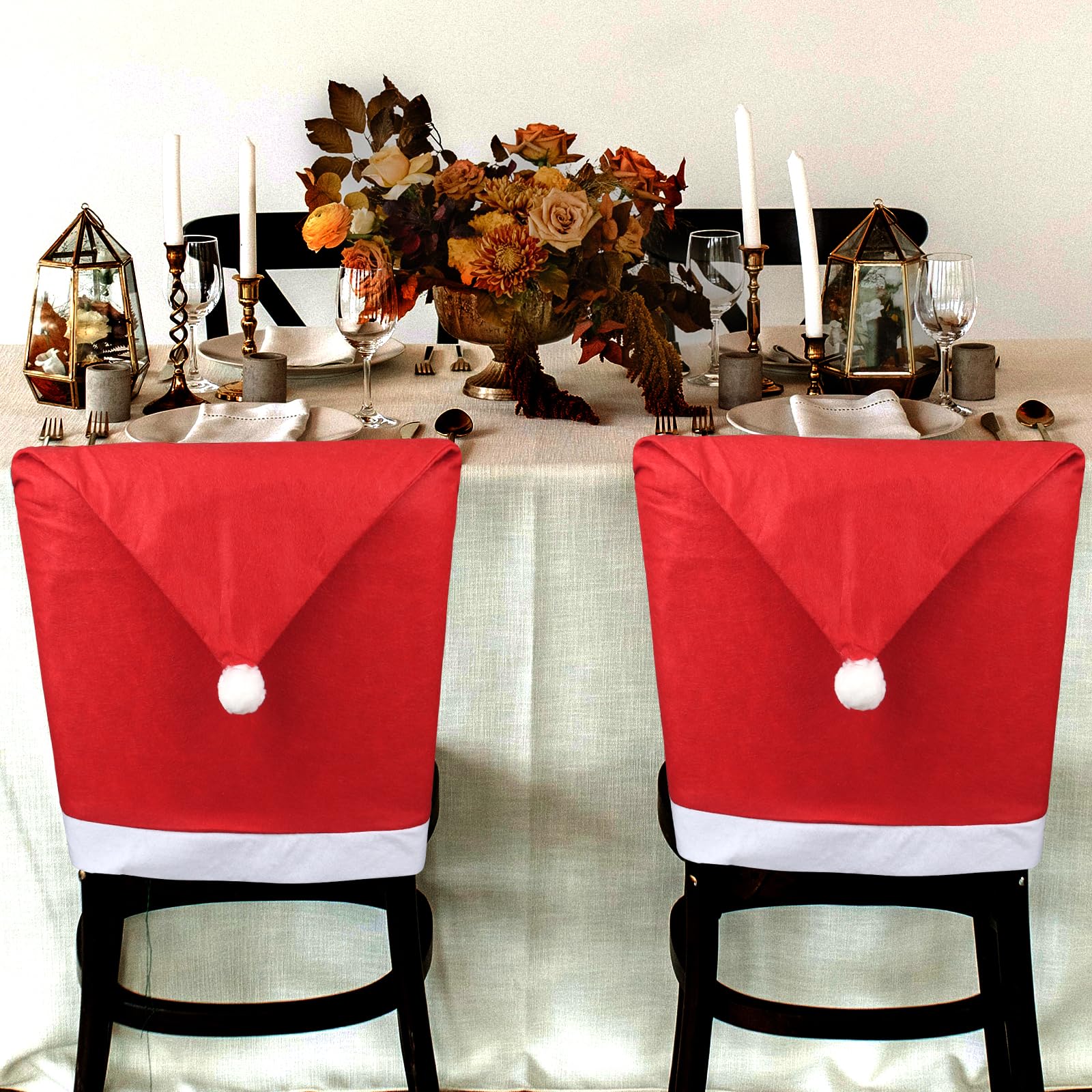 JaBrand 4pcs Christmas Chair Covers, Red Chair Back Cover Fabrics Santa Claus Hat Slipcover for Xmas Decor Dining Room Holiday