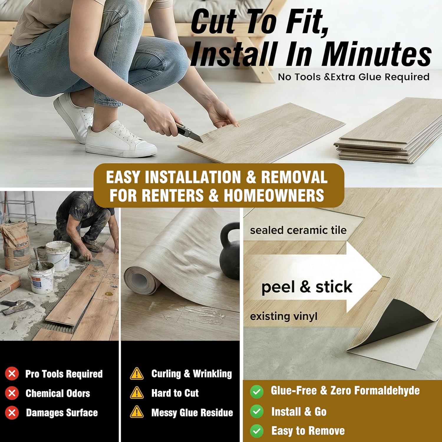 Waterproof Peel and Stick Floor Tile, 54 Sq.Ft Washed Beige Vinyl Wood Flooring, Easy DIY-Install & Durable for Kitchen, Bedroom, Bathroom, RVs, Rental-Friendly (36-Planks 6"x36")