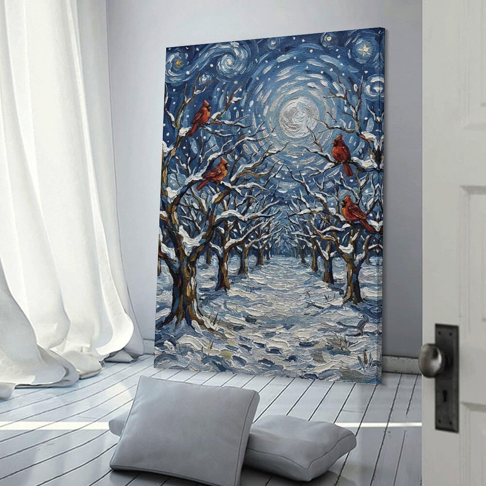 Junmoney Wall Decor Canvas Print Winter Cardinals in Snowy Forest Painting, 20x30inch(50x75cm), for Bedroom Walls, Guest Spaces Or Lounges, Decorative Wall Art for Cosy Rooms