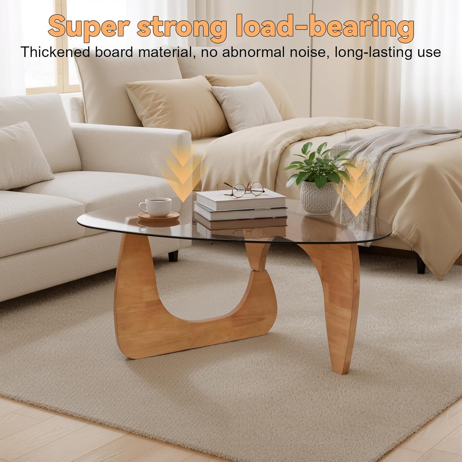 Small Glass Coffee Table, Mid Century Modern Coffee Table with Tempered Glass Top & Solid Wooden Base, Minimalist Center Tea Table for Living Room Bedroom Reception Office (Brown)