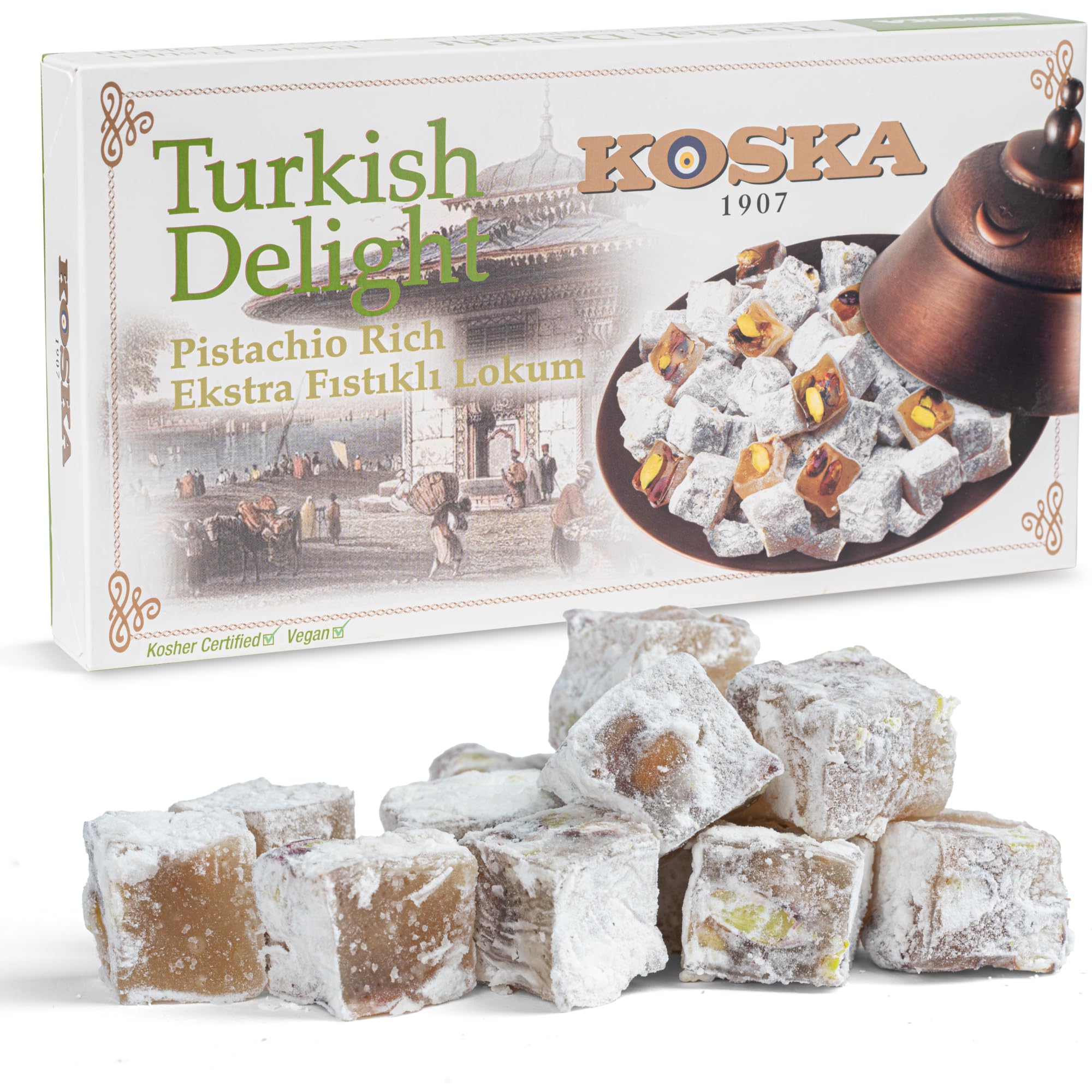 Koska Loukoums à la Pistache extra 500g Délice turc Format cadeau Confiserie traditionnelle Vegan Halal Casher Lokum Sans Gluten