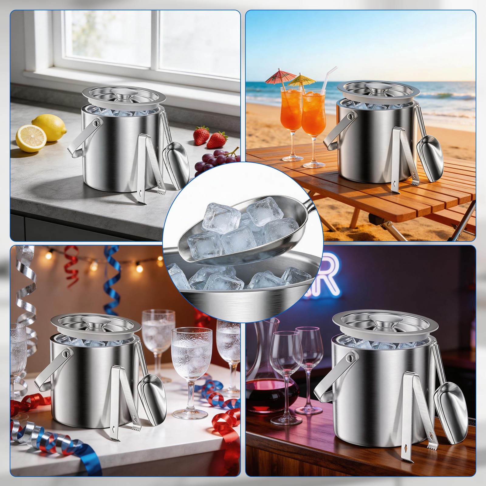3L Seau à Glace en Acier Inoxydable, Seau A Glacon Double Paroi avec Couvercle, Pelle à Glace, Pince à Glace, pour Apéritifs Boisson Cocktails Bouteille Bar Anniversaires Fêtes Pique-niques
