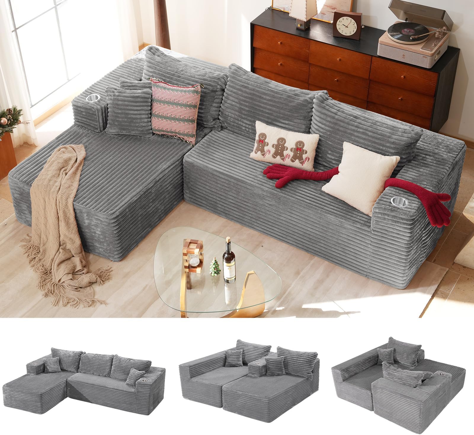 - ABCASA 108" Oversized Boneless Sofa, Modular Sectional Couches with L-Shaped Lounge Chaise, Deep Seat Cloud Couch for Living Room Apartments, No Assembly Required, Memory Foam Plush Corduroy - Grey