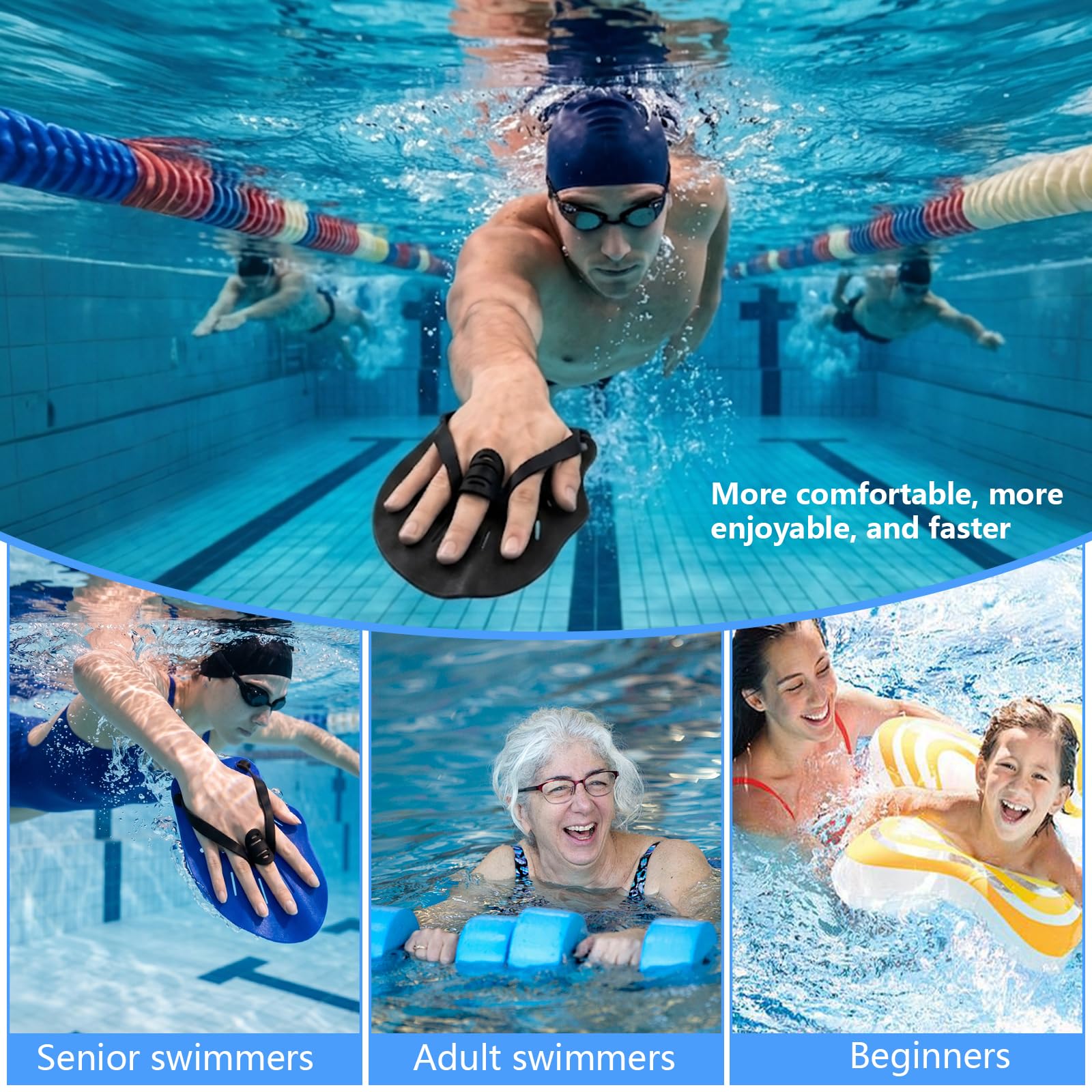 Palas de Natación para Adultos con Correas Elásticas, Entrenamiento de Fuerza en Piscina