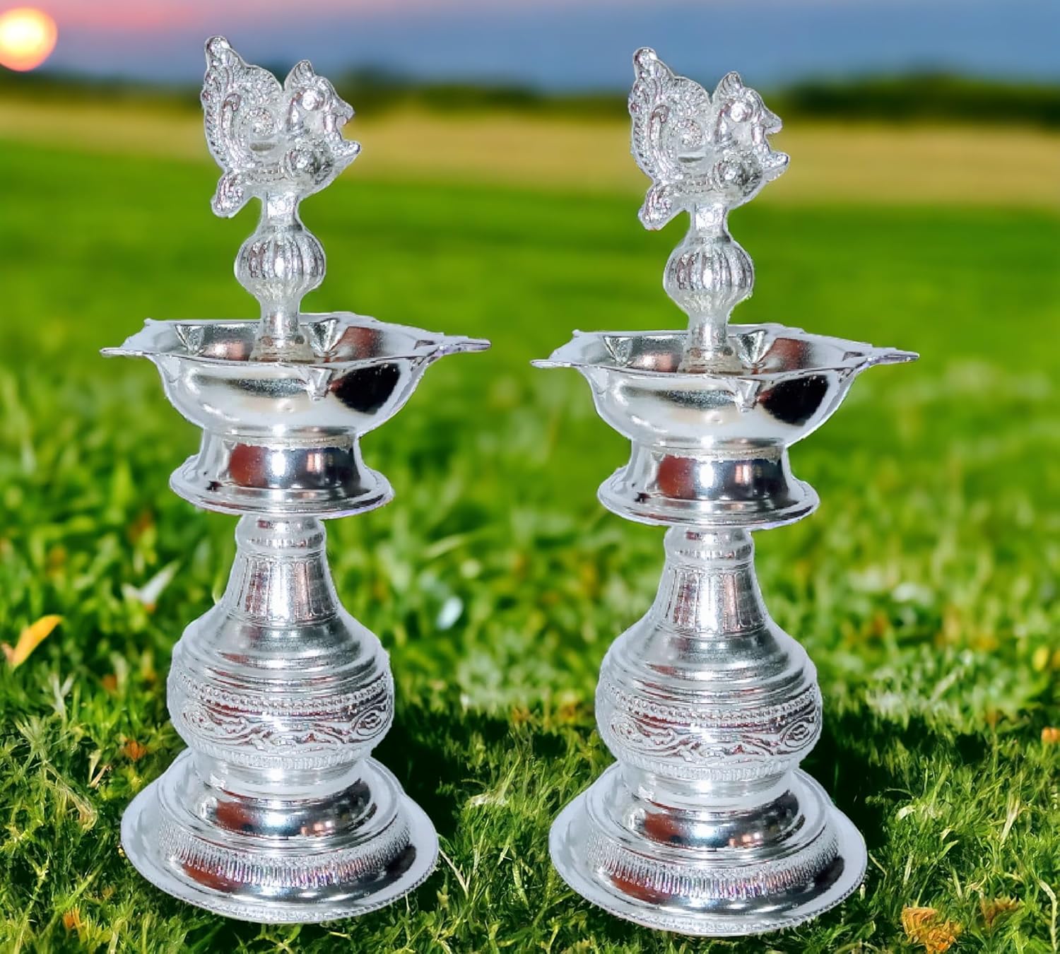 Traditional Indian Oil Lamp (Diya) – 8 Inch German Silver Pooja Lamp with Peacock Handle for Hindu Prayer, Home Temple & Diwali Decor K4240