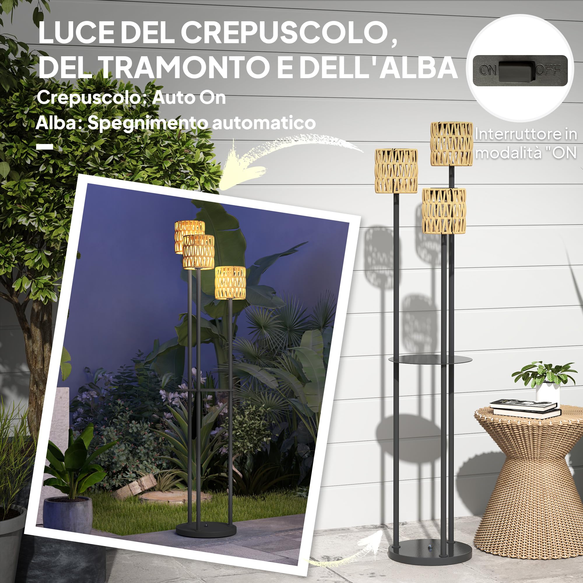 Outsunny Lámpara de Pie Solar de 3 Luces Estilo Boho con Estante Central y Base Redonda, Lámpara de Exterior de Ratán PE y Acero, IP44, para Salón, Dormitorio, Negro y Amarillo