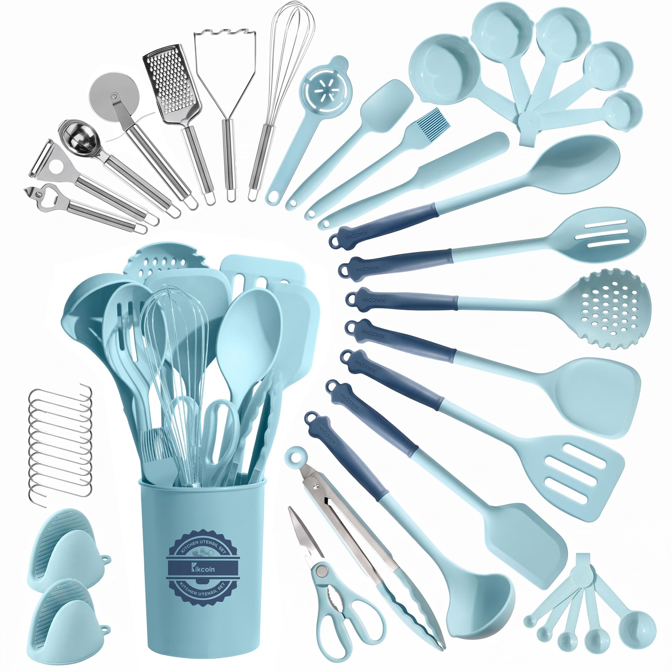 Kikcoin Set di 43 utensili da cucina, set di utensili da cucina in silicone, lavabili in lavastoviglie, set di spatole antiaderenti, resistenti al calore fino a 230 °C, con supporto, senza BPA, blu