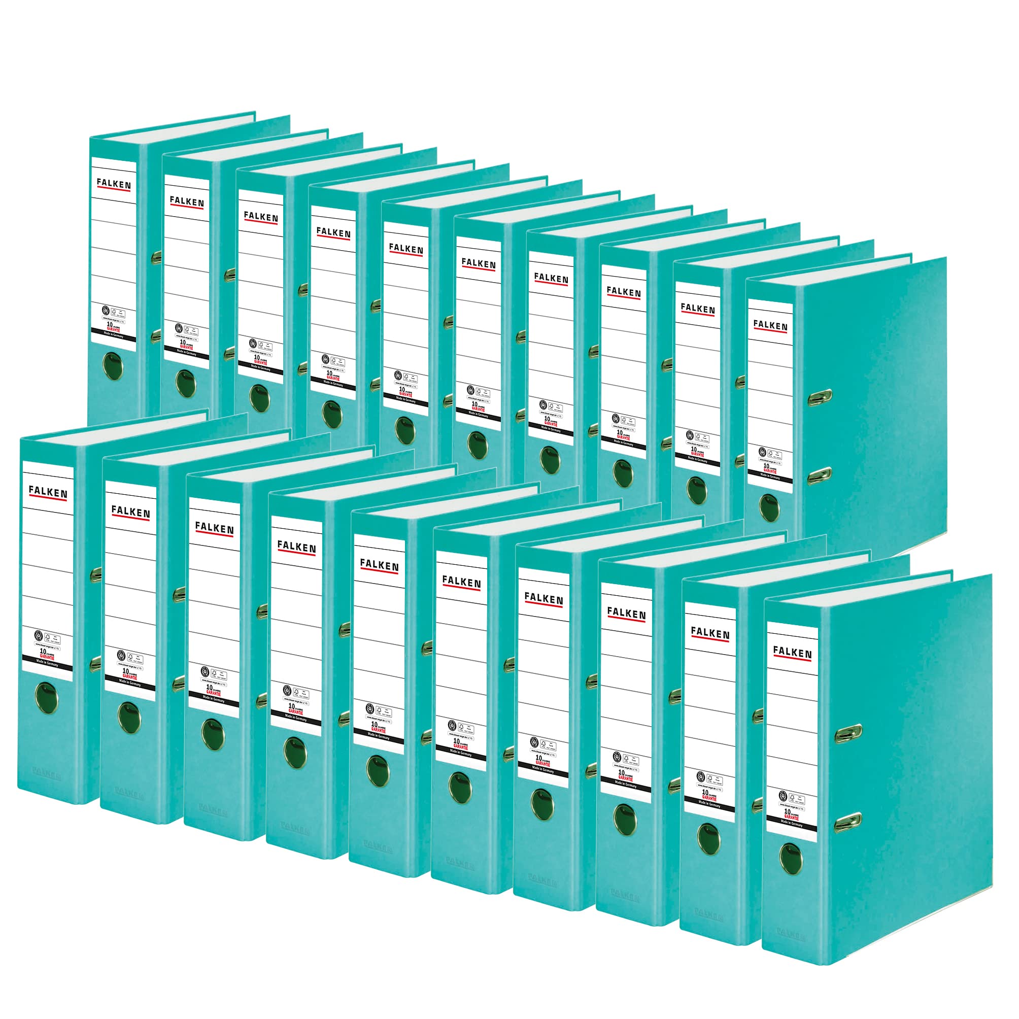 Falken - Confezione da 20 raccoglitori ecologici Recycolor, realizzati in Germania, rivestimento di carta colorato esterno 8 cm di larghezza, DIN A4, colore pastello, turchese, per raccoglitori ad