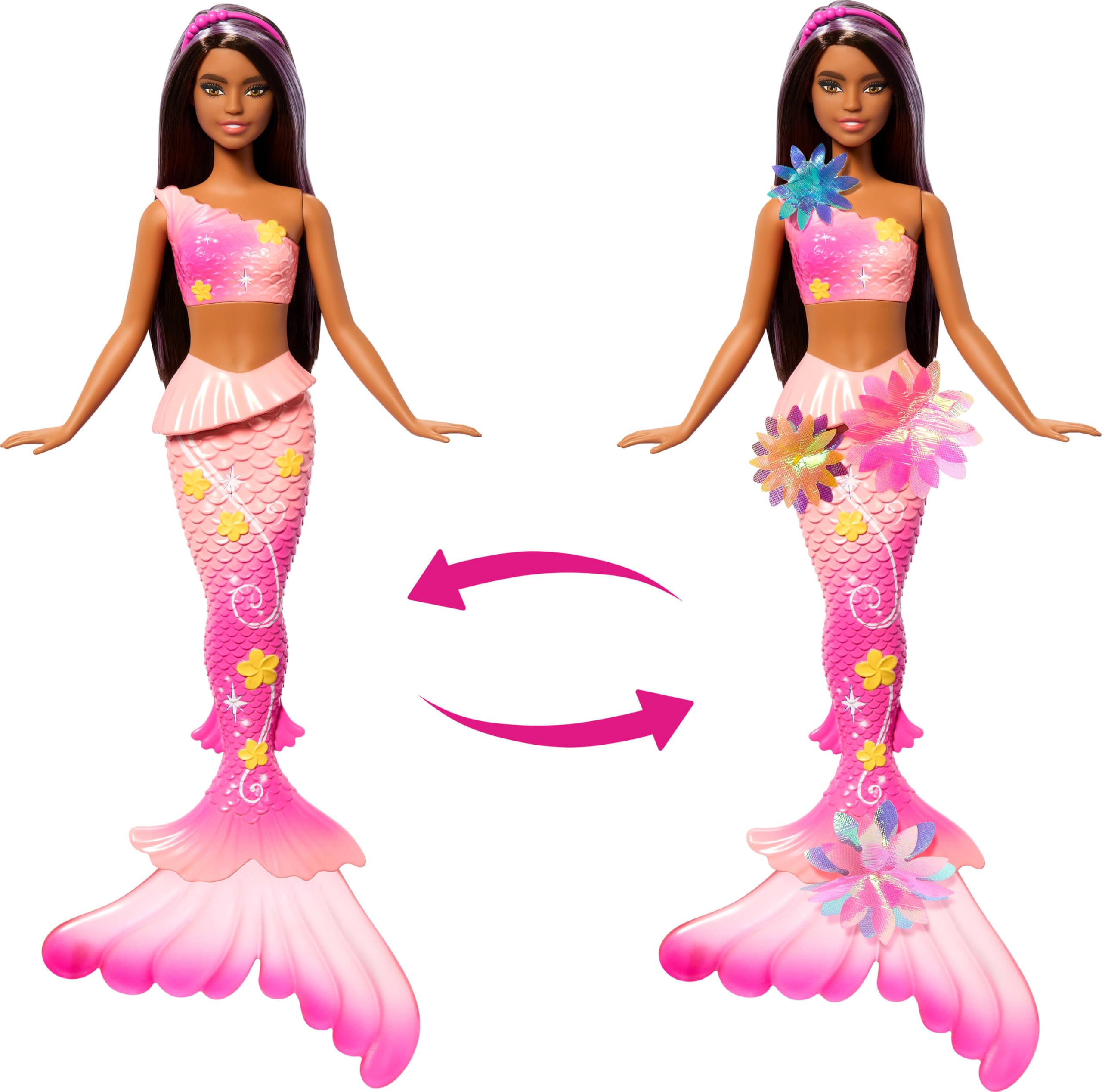 Barbie - Sirena Magia Floreale, dai capelli castani con ciocche viola, coda sfumata e fascia con perle, magica sorpresa e fiori che sbocciano inclusi, giocattolo per bambini, 3+ anni, JDM73, Rosa